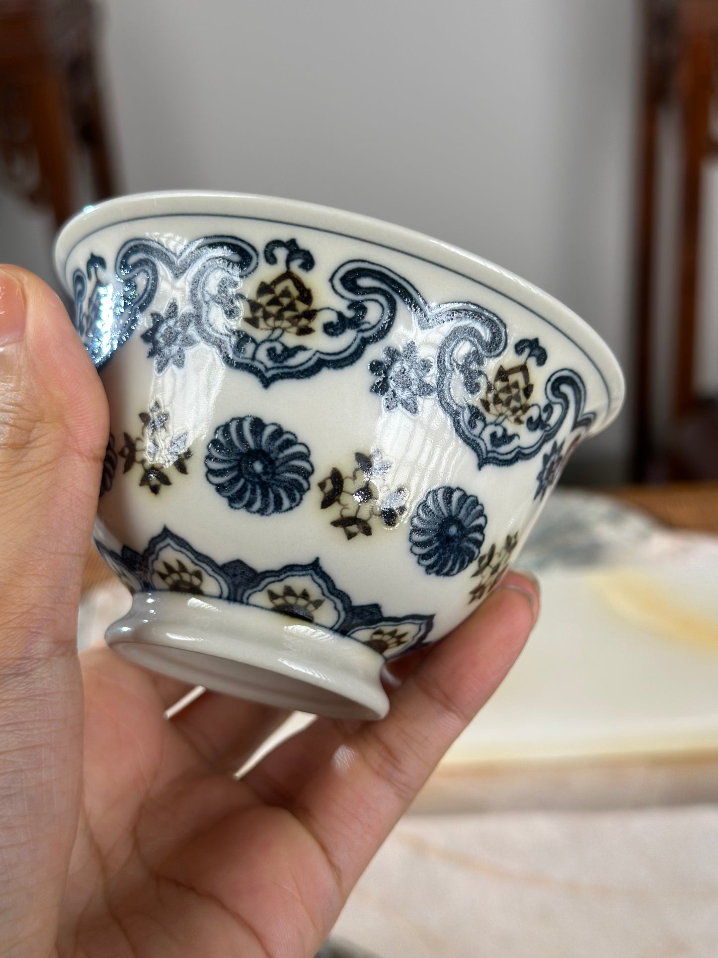 Handpainted Chinese Luxious Blue White Porcelain Underglaze Gold Youlijin Ruyi Pattern Gaiwan Set Artwork Teacup