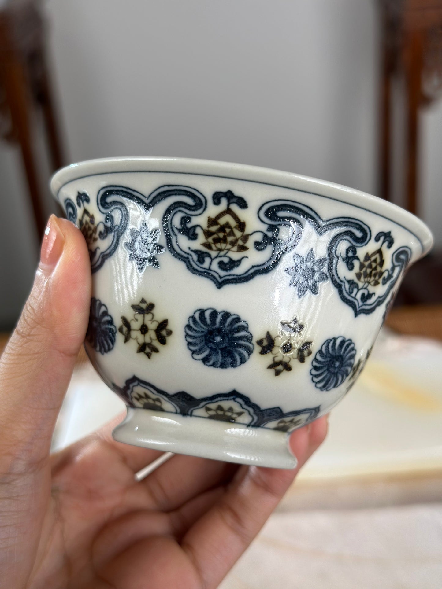 Handpainted Chinese Luxious Blue White Porcelain Underglaze Gold Youlijin Ruyi Pattern Gaiwan Set Artwork Teacup