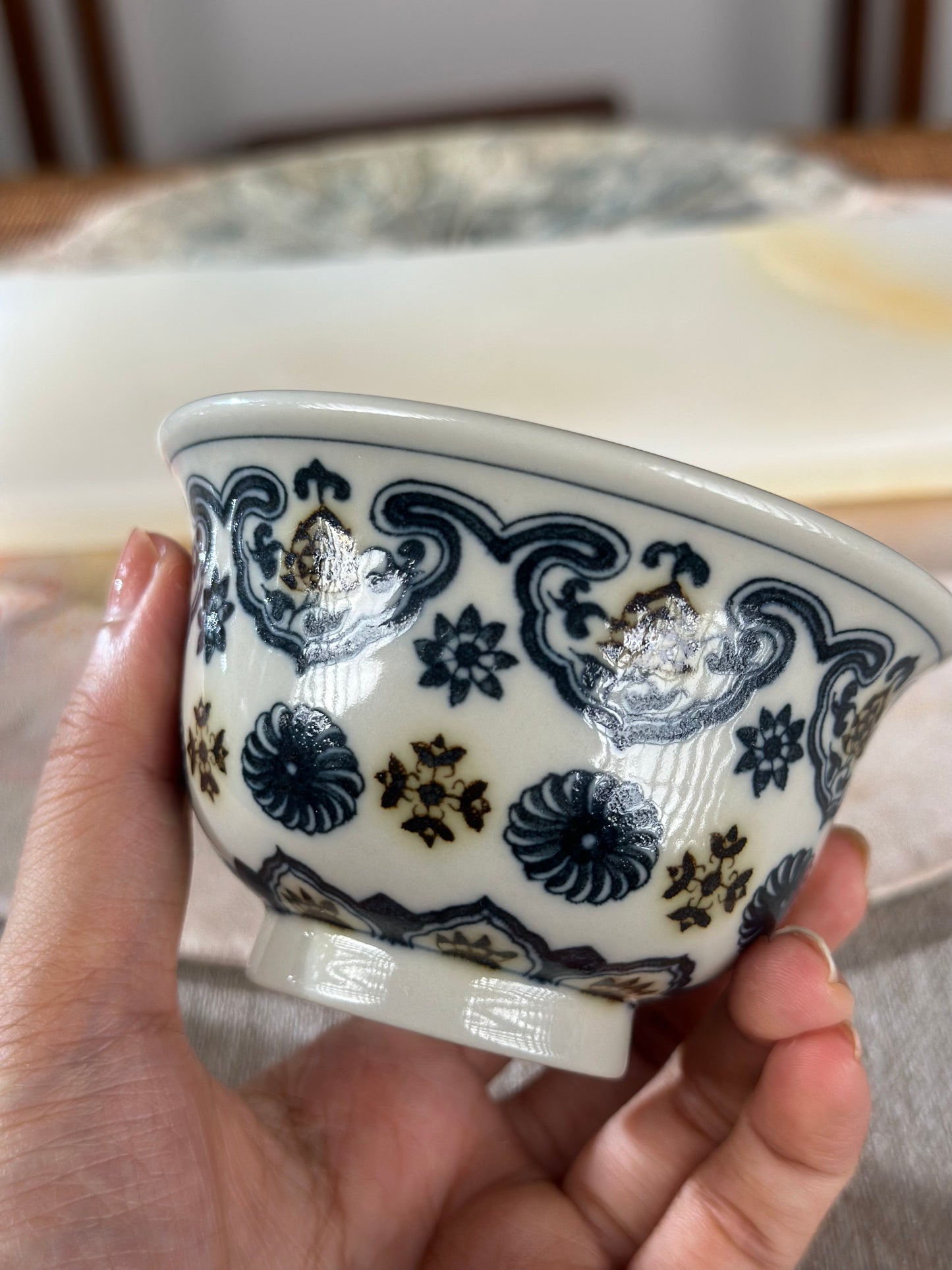 Handpainted Chinese Luxious Blue White Porcelain Underglaze Gold Youlijin Ruyi Pattern Gaiwan Set Artwork Teacup