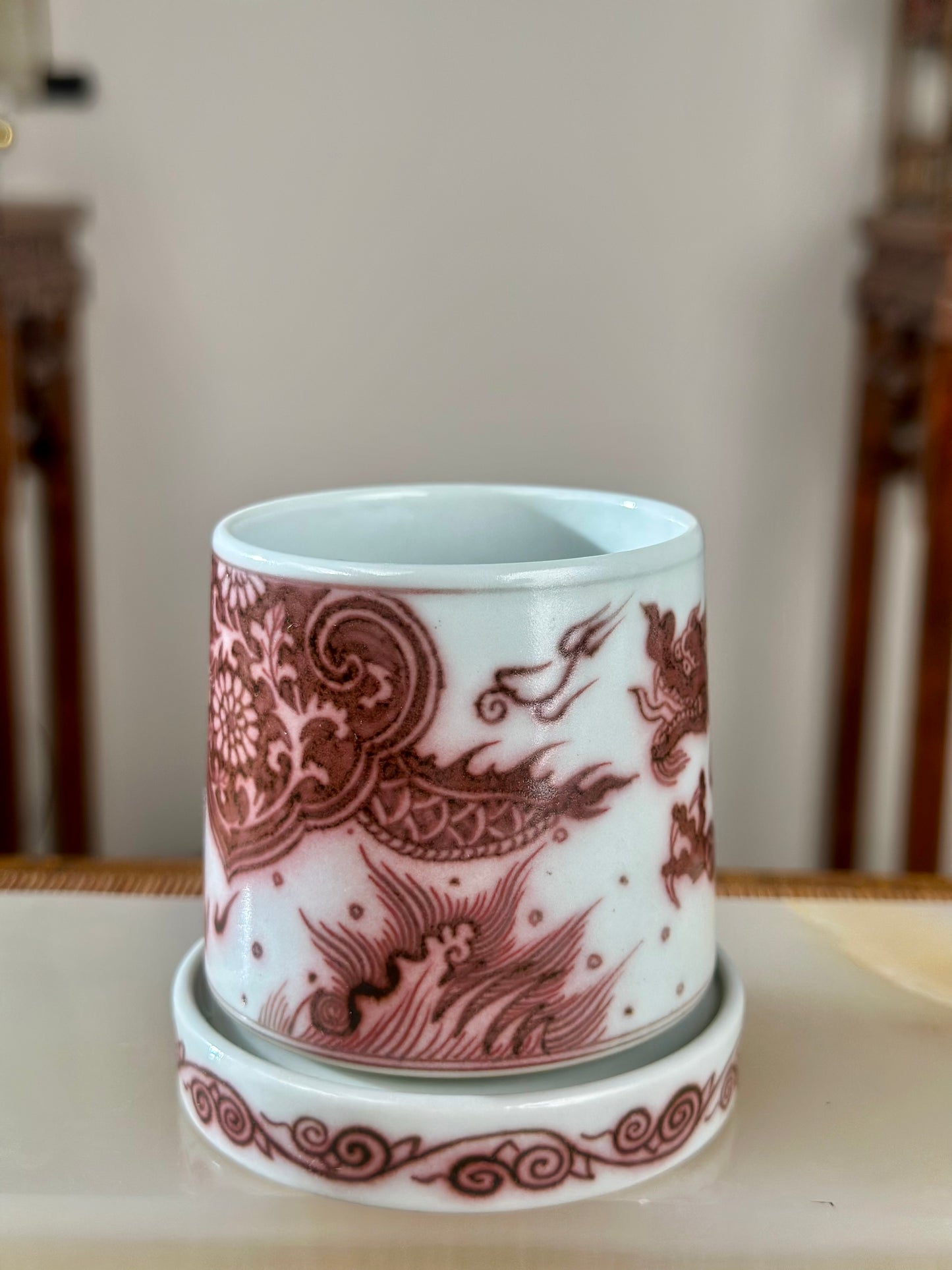 Hand Painted Chinese Dragon Rotating Teacup Underglaze Red Youlihong Jingdezhen Master Ceramic