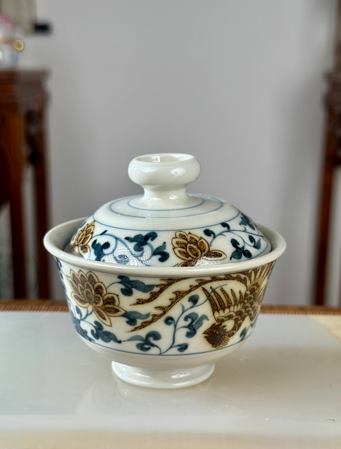 Handpainted Chinese Luxious Blue White Porcelain Underglaze Gold Youlijin Dragon Phoenix Gaiwan Set Artwork Teacup Tea Tray