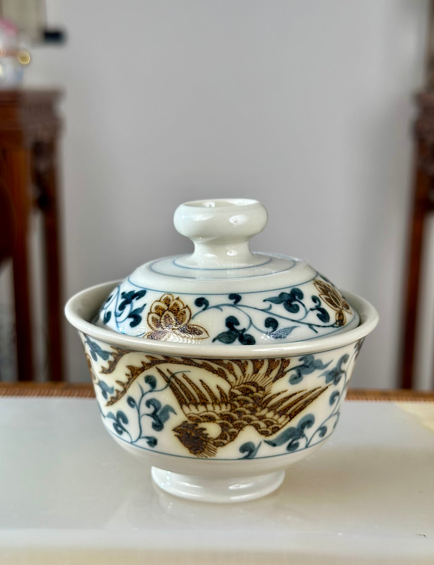 Handpainted Chinese Luxious Blue White Porcelain Underglaze Gold Youlijin Dragon Phoenix Gaiwan Set Artwork Teacup Tea Tray