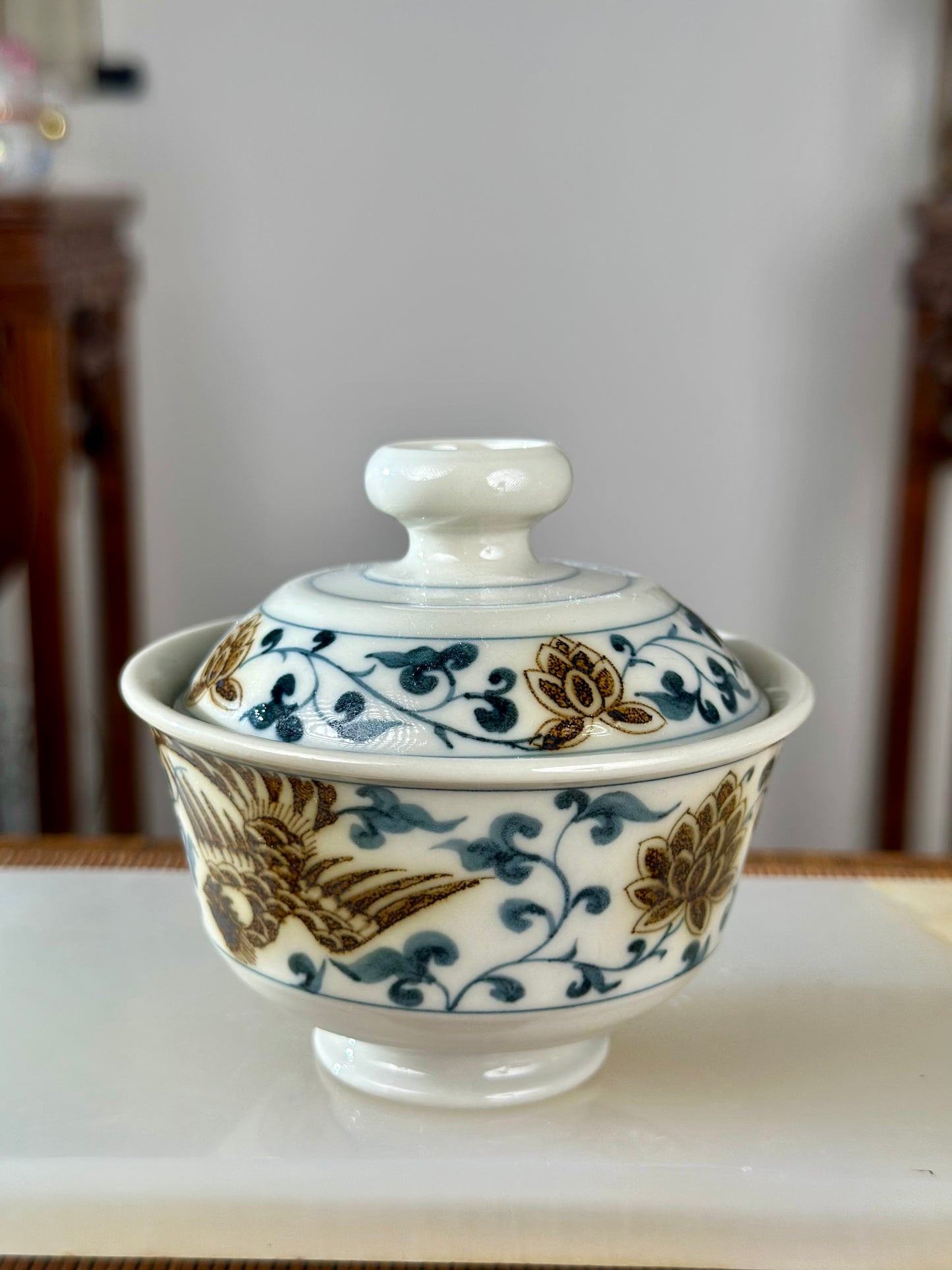 Handpainted Chinese Luxious Blue White Porcelain Underglaze Gold Youlijin Dragon Phoenix Gaiwan Set Artwork Teacup Tea Tray