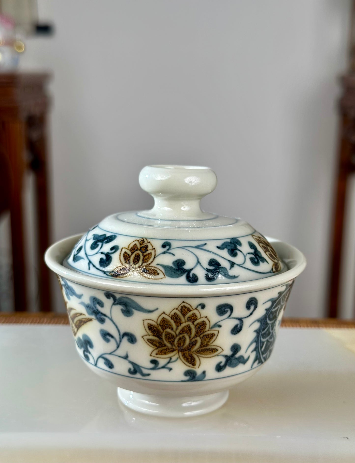 Handpainted Chinese Luxious Blue White Porcelain Underglaze Gold Youlijin Dragon Phoenix Gaiwan Set Artwork Teacup Tea Tray