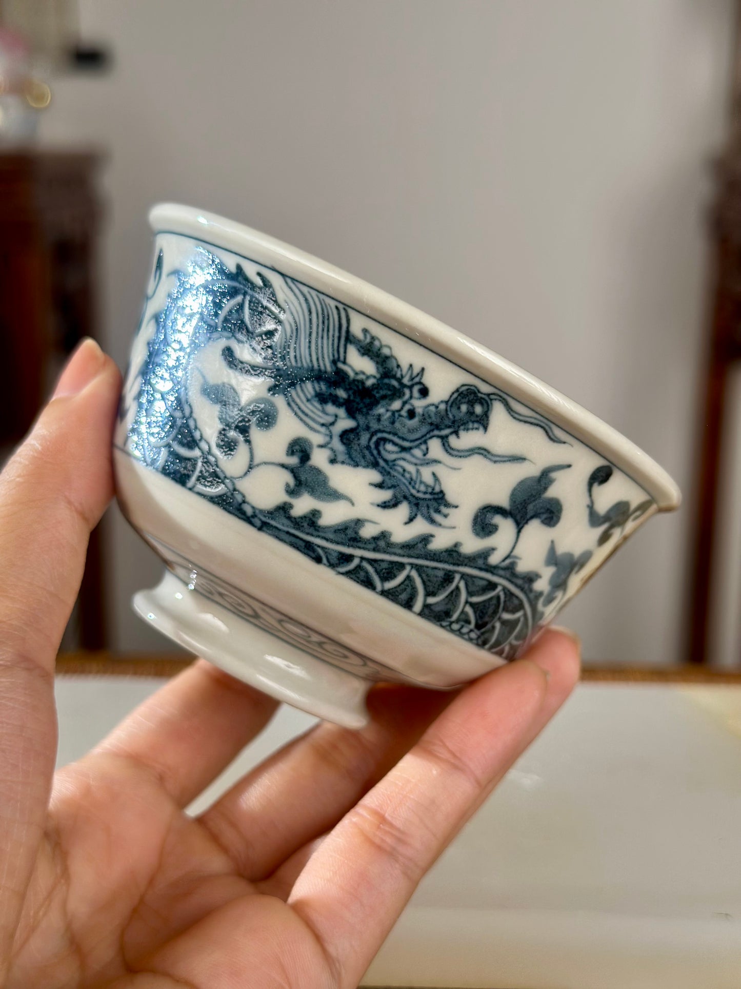 Handpainted Chinese Luxious Blue White Porcelain Underglaze Gold Youlijin Dragon Phoenix Gaiwan Set Artwork Teacup Tea Tray