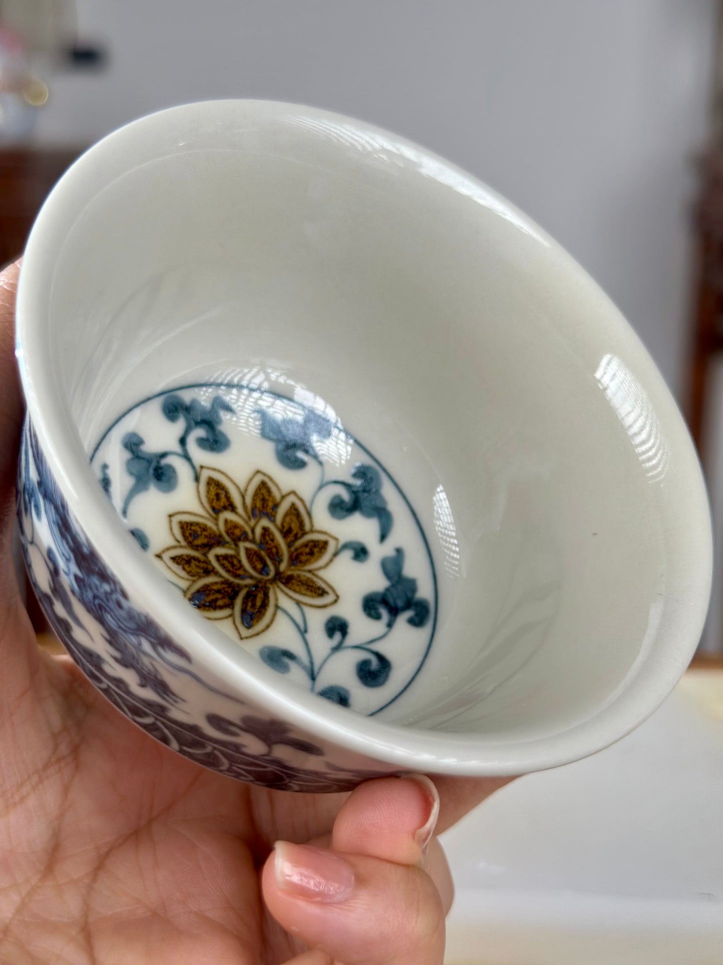 Handpainted Chinese Luxious Blue White Porcelain Underglaze Gold Youlijin Dragon Phoenix Gaiwan Set Artwork Teacup Tea Tray