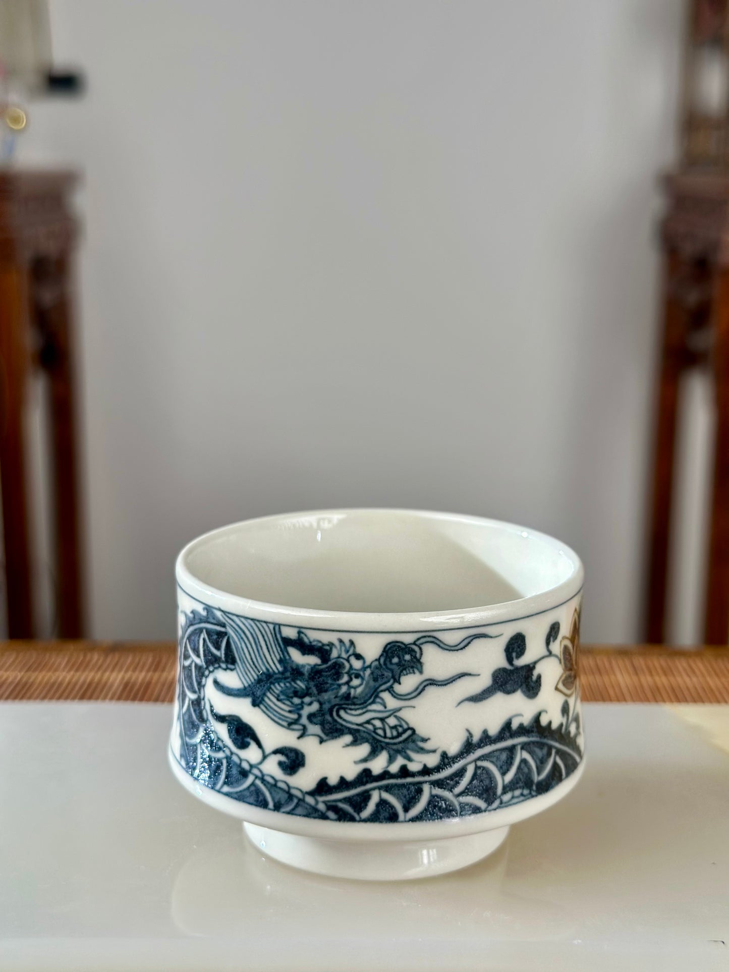 Handpainted Chinese Luxious Blue White Porcelain Underglaze Gold Youlijin Dragon Phoenix Gaiwan Set Artwork Teacup Tea Tray