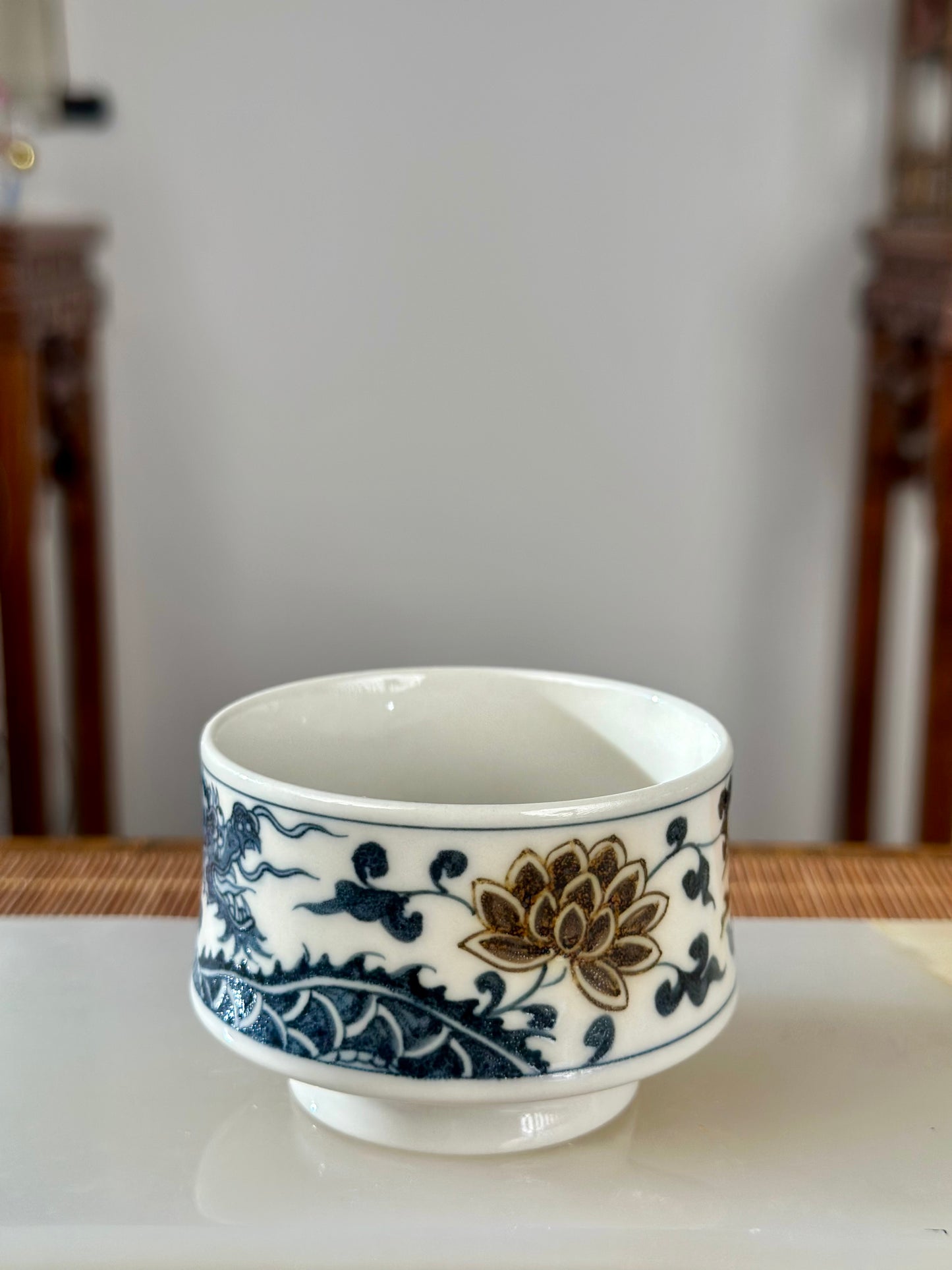 Handpainted Chinese Luxious Blue White Porcelain Underglaze Gold Youlijin Dragon Phoenix Gaiwan Set Artwork Teacup Tea Tray