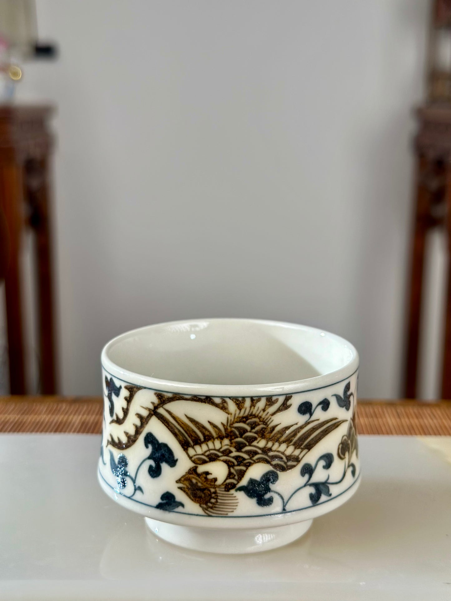 Handpainted Chinese Luxious Blue White Porcelain Underglaze Gold Youlijin Dragon Phoenix Gaiwan Set Artwork Teacup Tea Tray