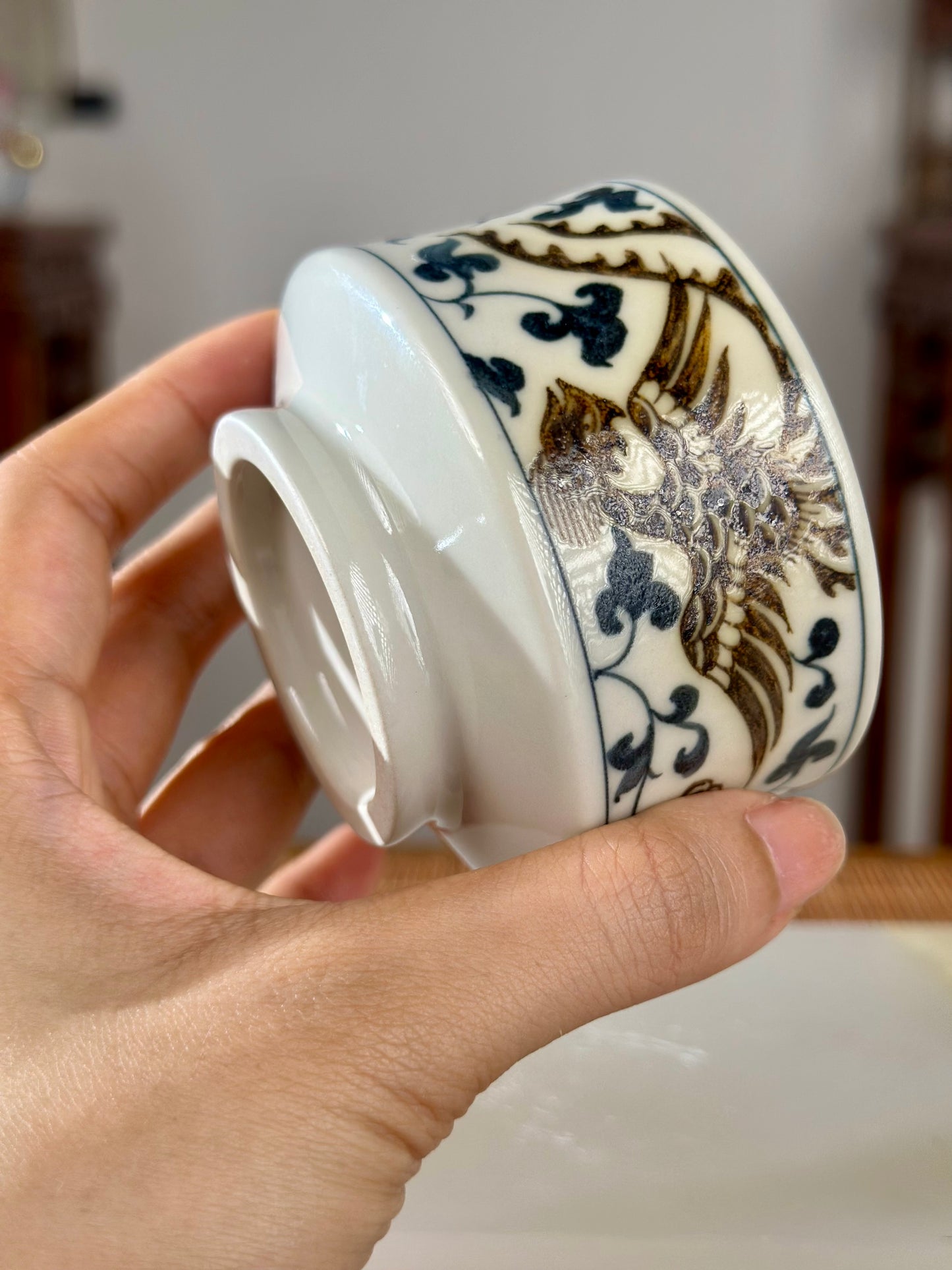 Handpainted Chinese Luxious Blue White Porcelain Underglaze Gold Youlijin Dragon Phoenix Gaiwan Set Artwork Teacup Tea Tray