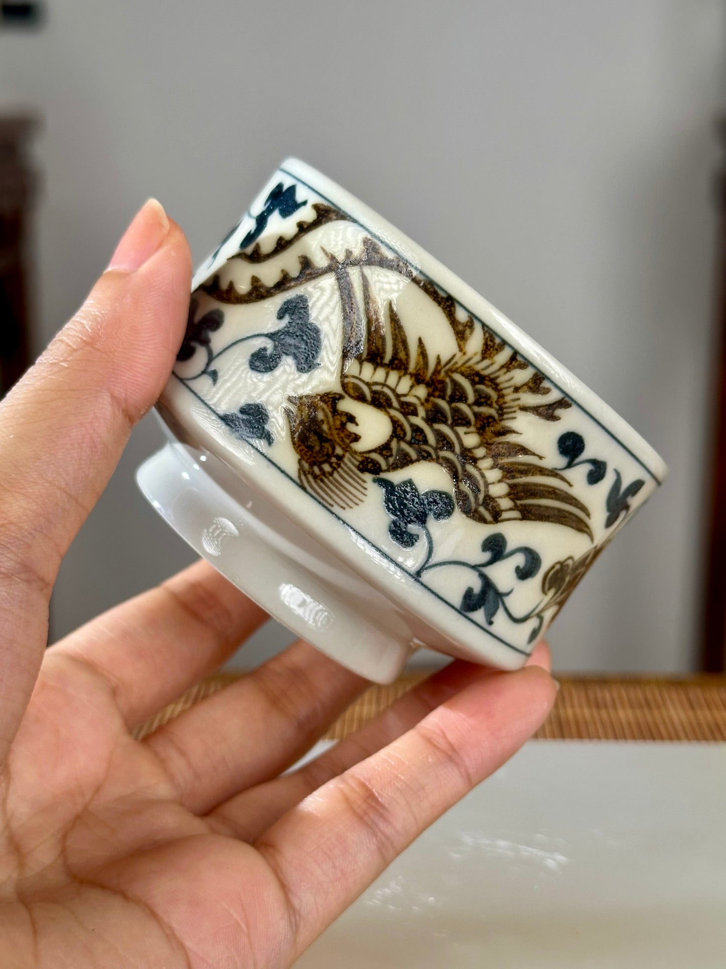 Handpainted Chinese Luxious Blue White Porcelain Underglaze Gold Youlijin Dragon Phoenix Gaiwan Set Artwork Teacup Tea Tray