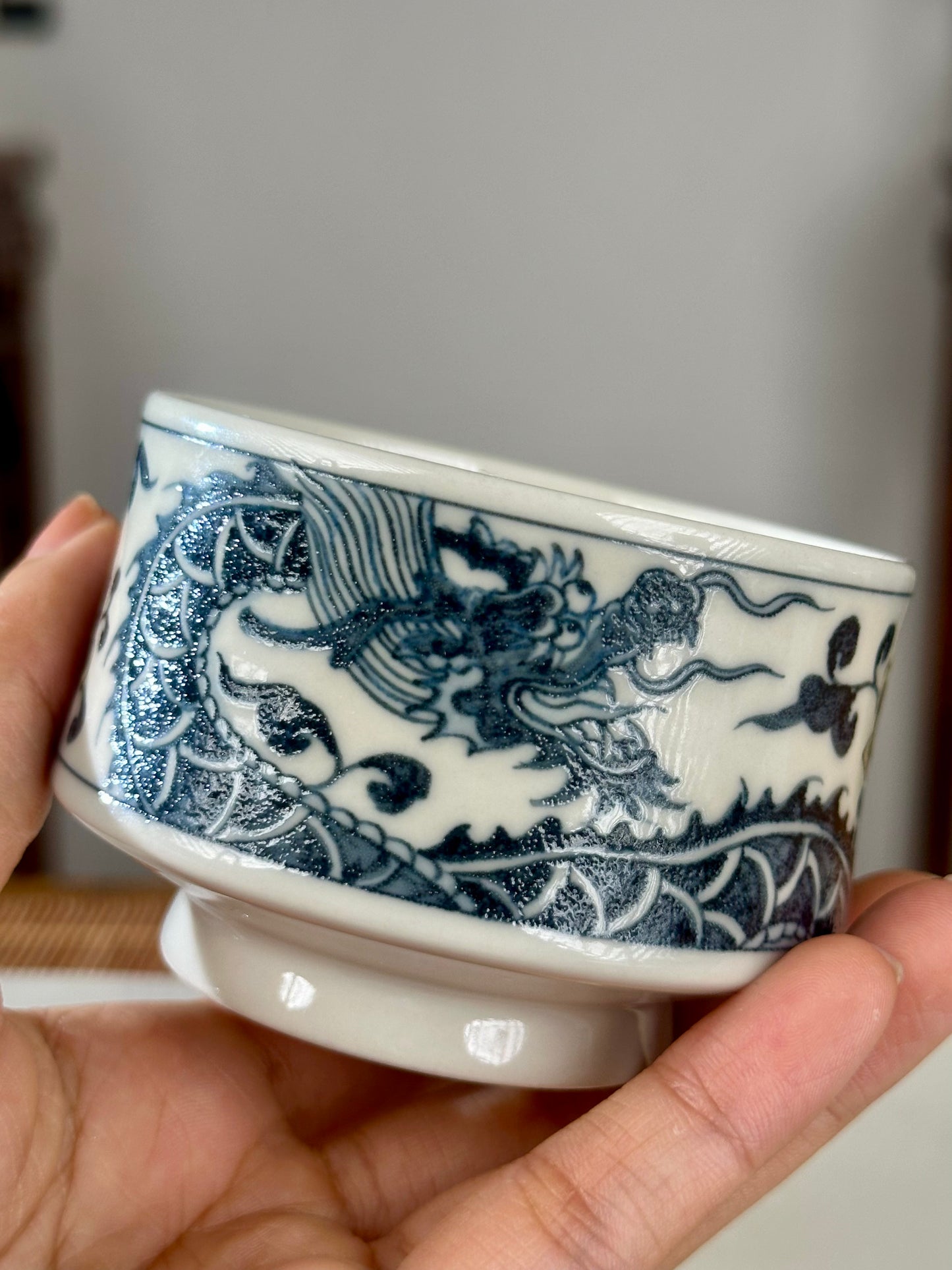 Handpainted Chinese Luxious Blue White Porcelain Underglaze Gold Youlijin Dragon Phoenix Gaiwan Set Artwork Teacup Tea Tray