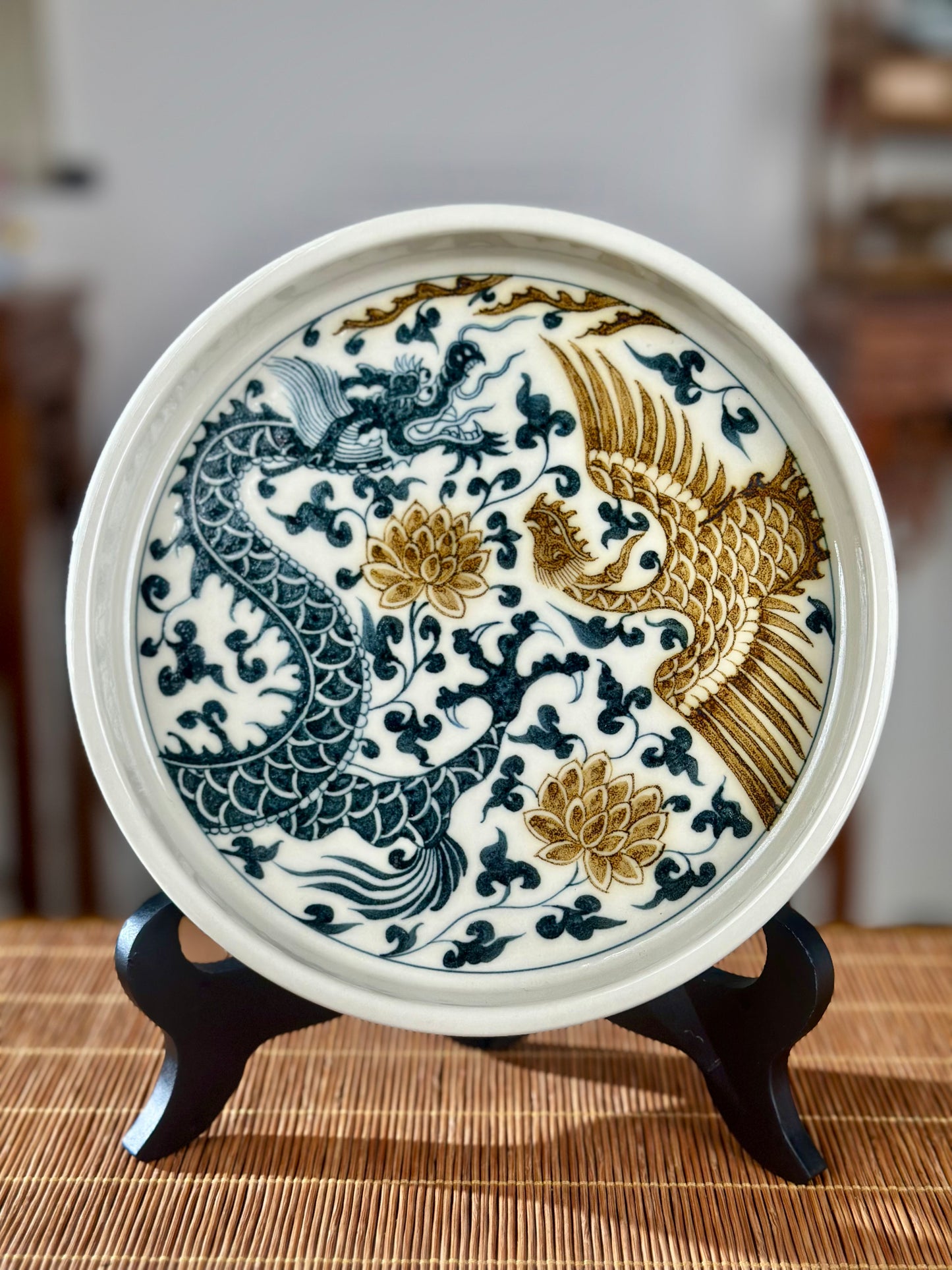 Handpainted Chinese Luxious Blue White Porcelain Underglaze Gold Youlijin Dragon Phoenix Gaiwan Set Artwork Teacup Tea Tray