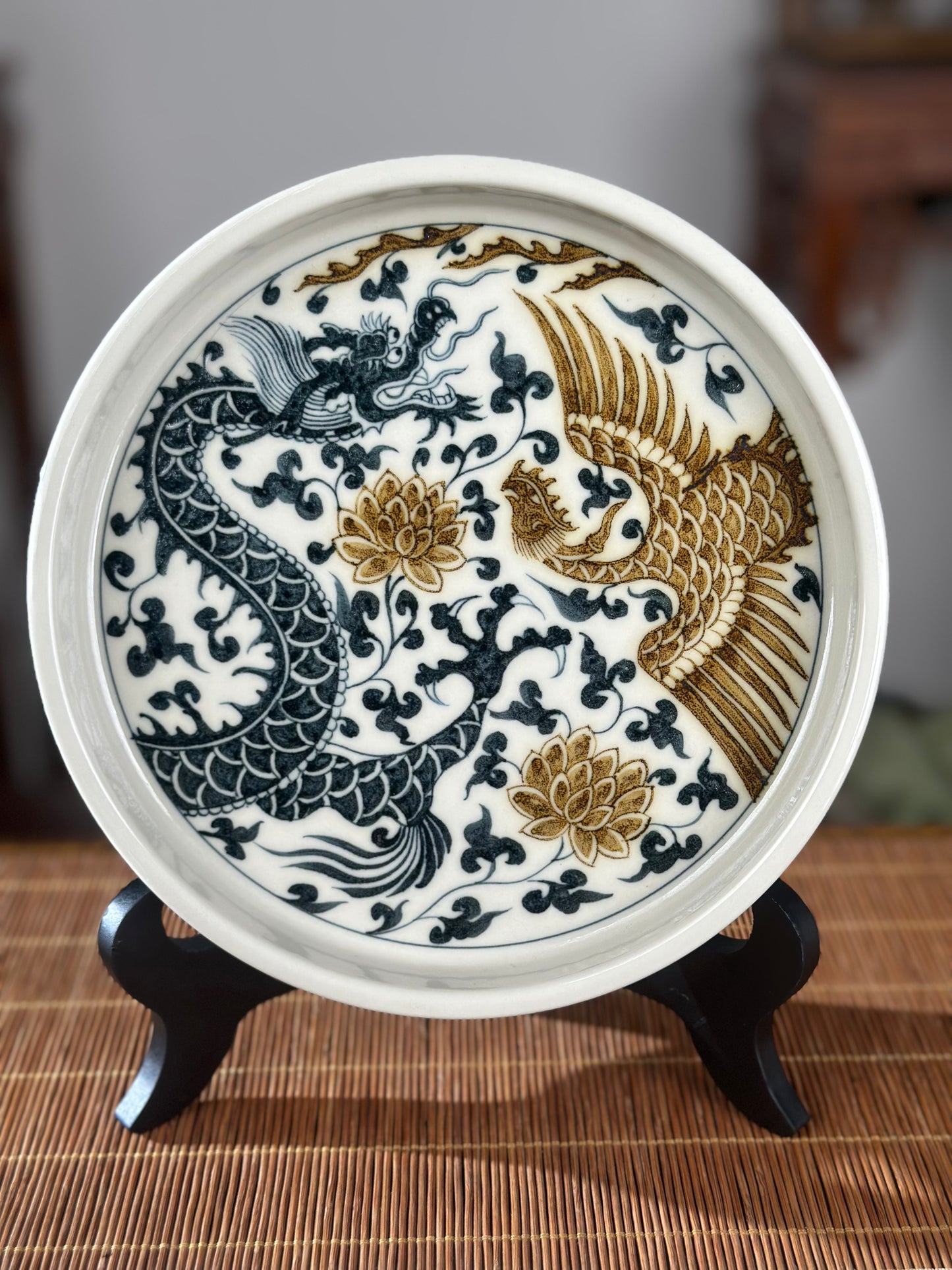 Handpainted Chinese Luxious Blue White Porcelain Underglaze Gold Youlijin Dragon Phoenix Gaiwan Set Artwork Teacup Tea Tray