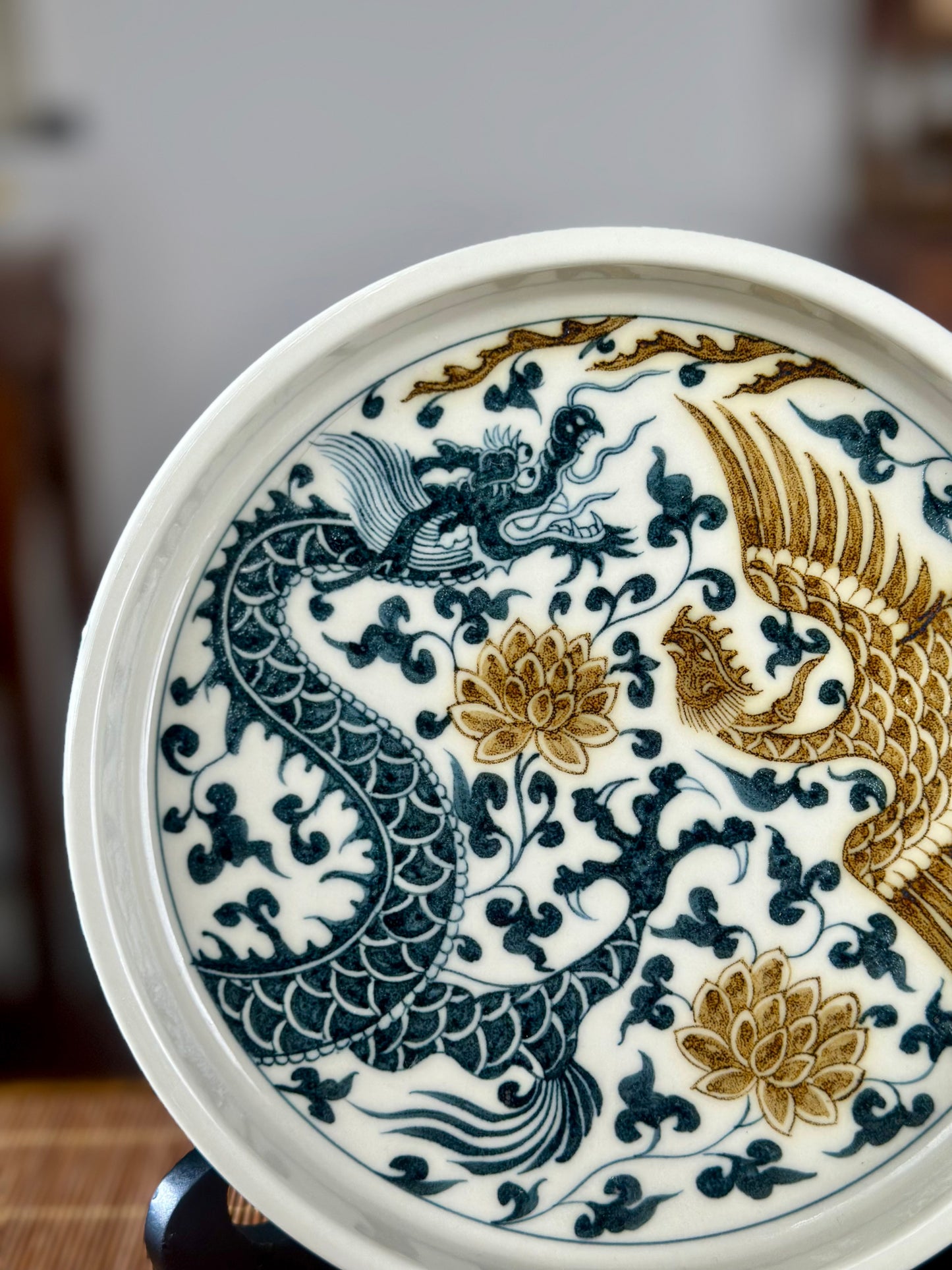 Handpainted Chinese Luxious Blue White Porcelain Underglaze Gold Youlijin Dragon Phoenix Gaiwan Set Artwork Teacup Tea Tray