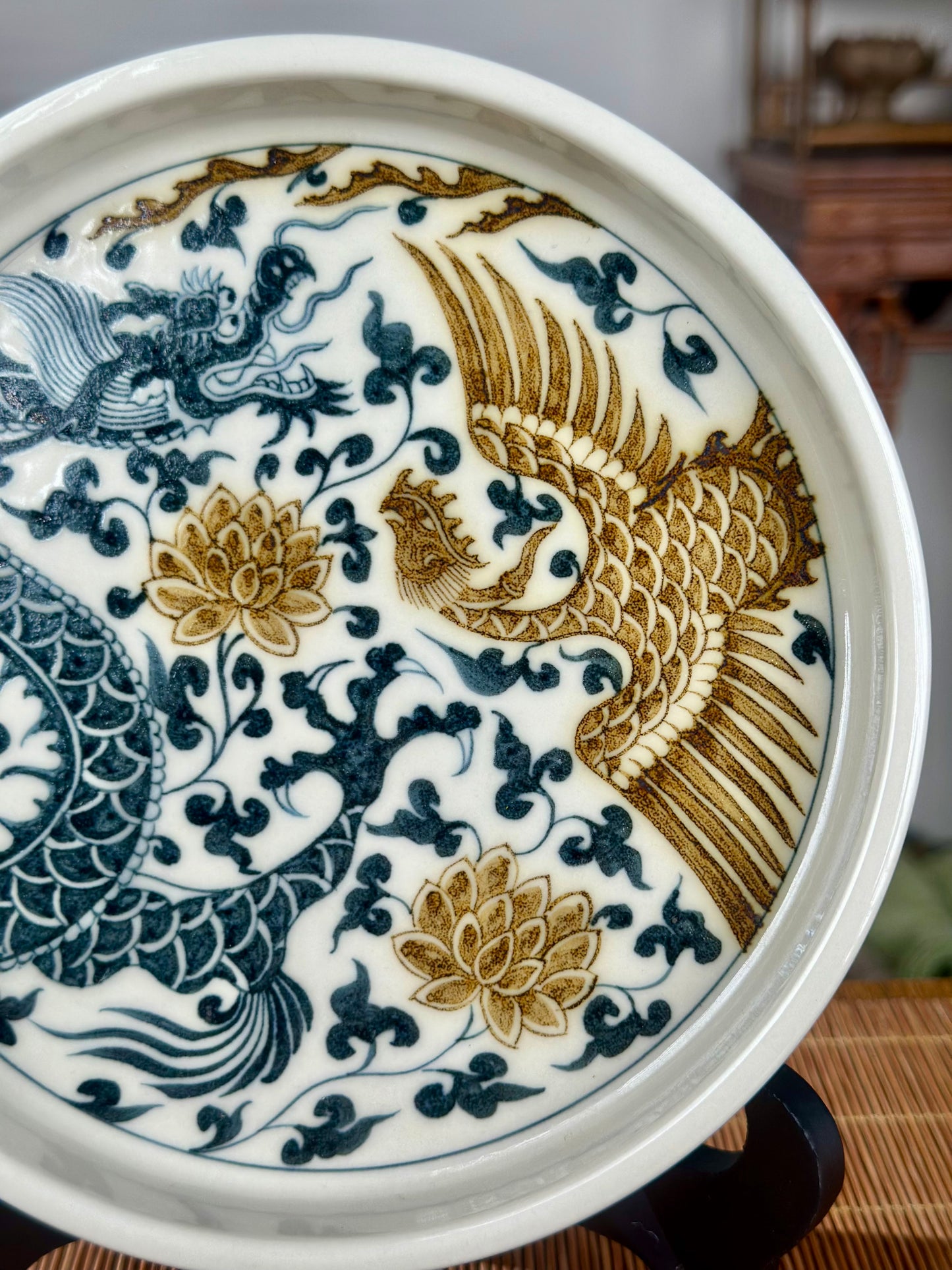 Handpainted Chinese Luxious Blue White Porcelain Underglaze Gold Youlijin Dragon Phoenix Gaiwan Set Artwork Teacup Tea Tray