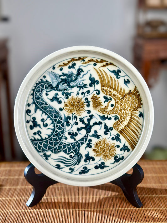 Handpainted Chinese Luxious Blue White Porcelain Underglaze Gold Youlijin Dragon Phoenix Gaiwan Set Artwork Teacup Tea Tray