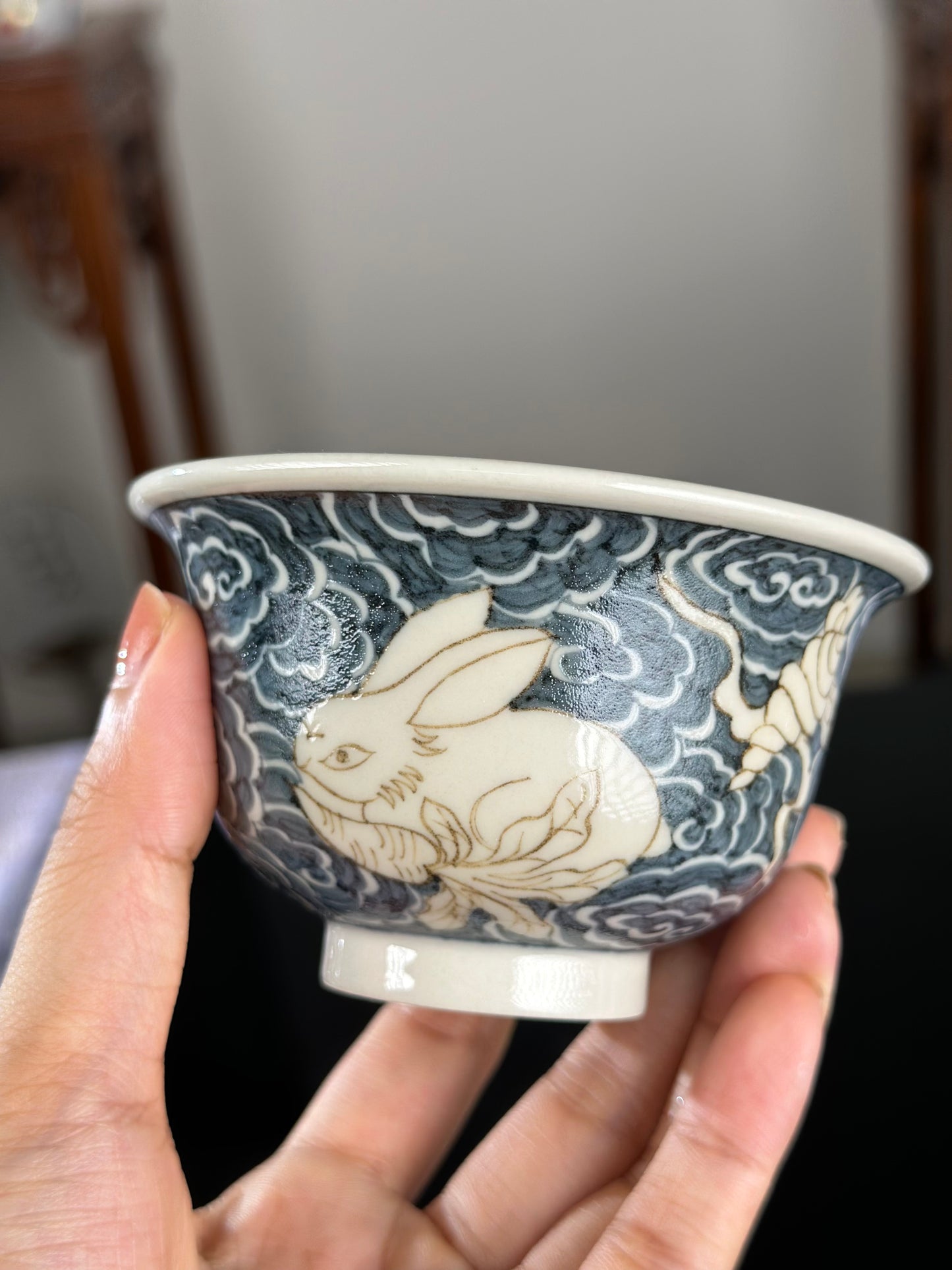 Handpainted Chinese High End Blue White Porcelain Underglaze Gold Youlijin Rabbit Pattern Teacup Gaiwan Tray Set
