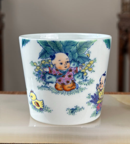 Handpainted Traditional Children Joy Pattern Chinese Jingdezhen Doucai Master Fine China Teacup