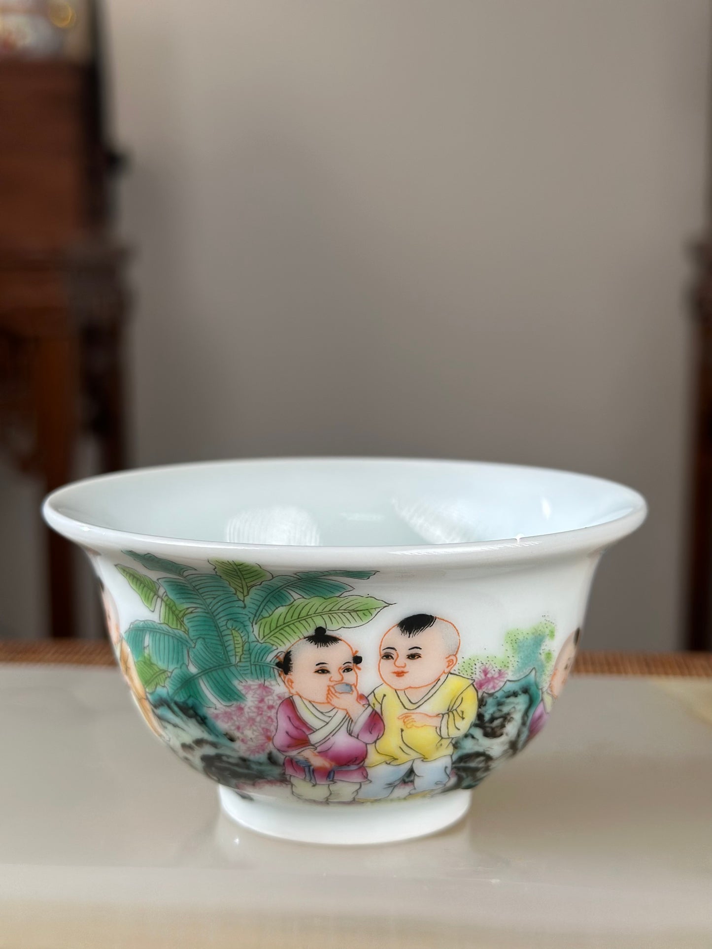 Handpainted Chinese Famille Rose Fencai Children's Joy Pattern Jingdezhen Master Teacup