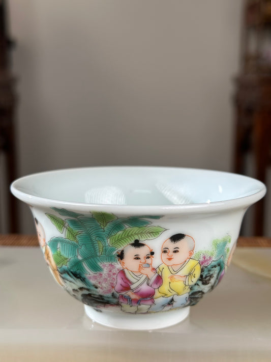 Handpainted Chinese Famille Rose Fencai Children's Joy Pattern Jingdezhen Master Teacup