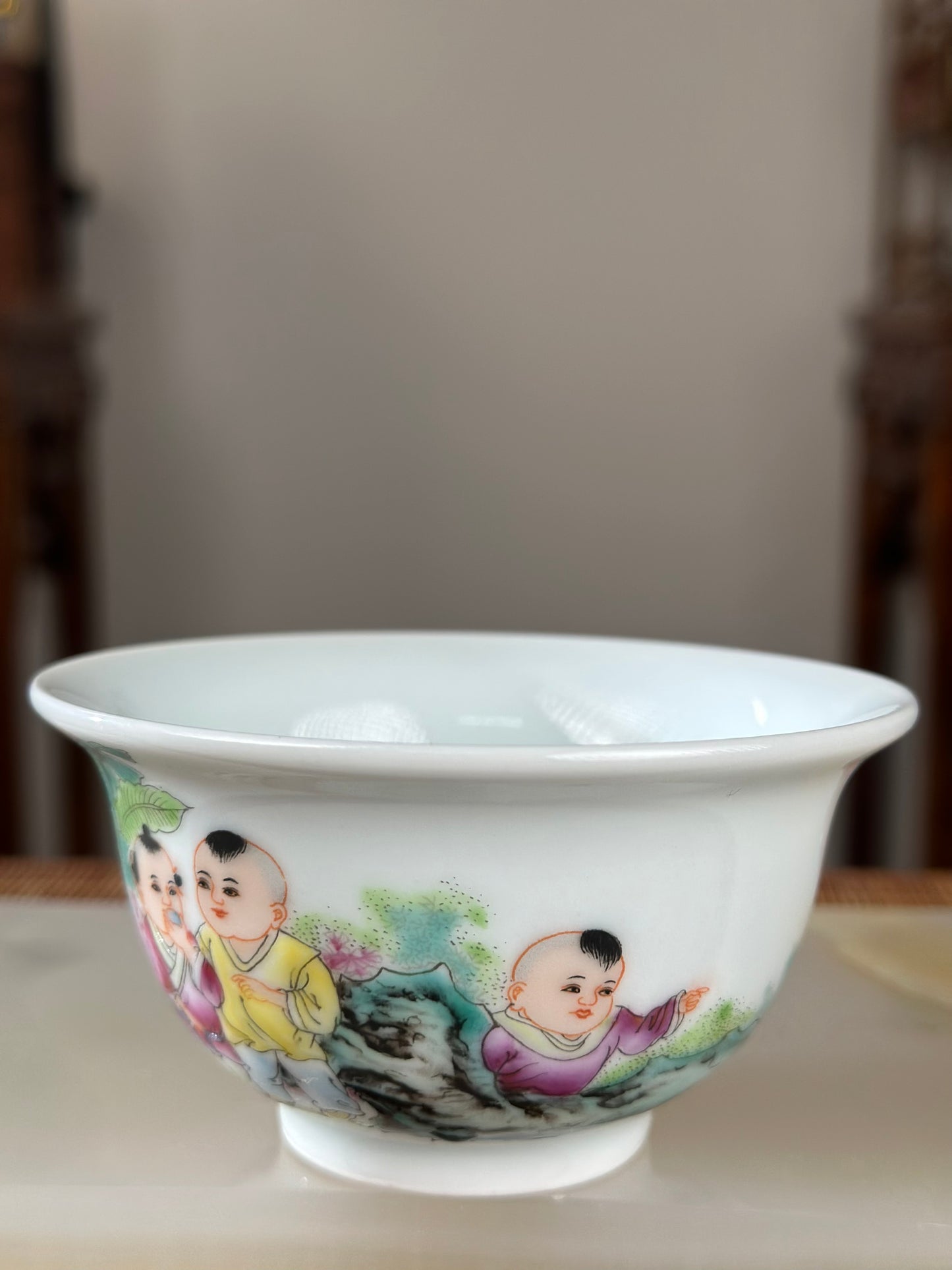 Handpainted Chinese Famille Rose Fencai Children's Joy Pattern Jingdezhen Master Teacup