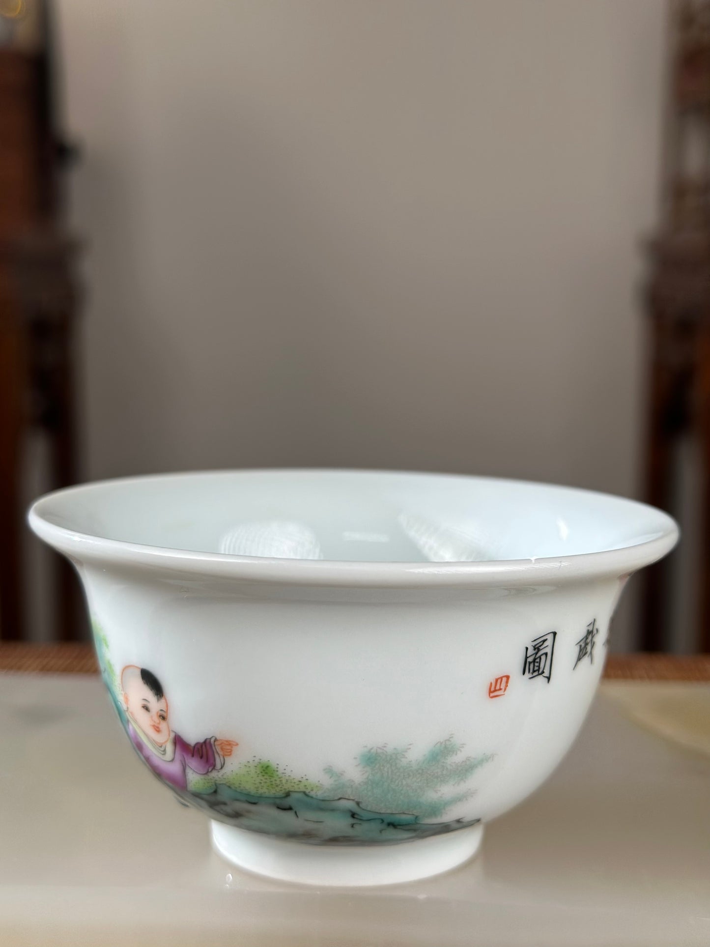 Handpainted Chinese Famille Rose Fencai Children's Joy Pattern Jingdezhen Master Teacup