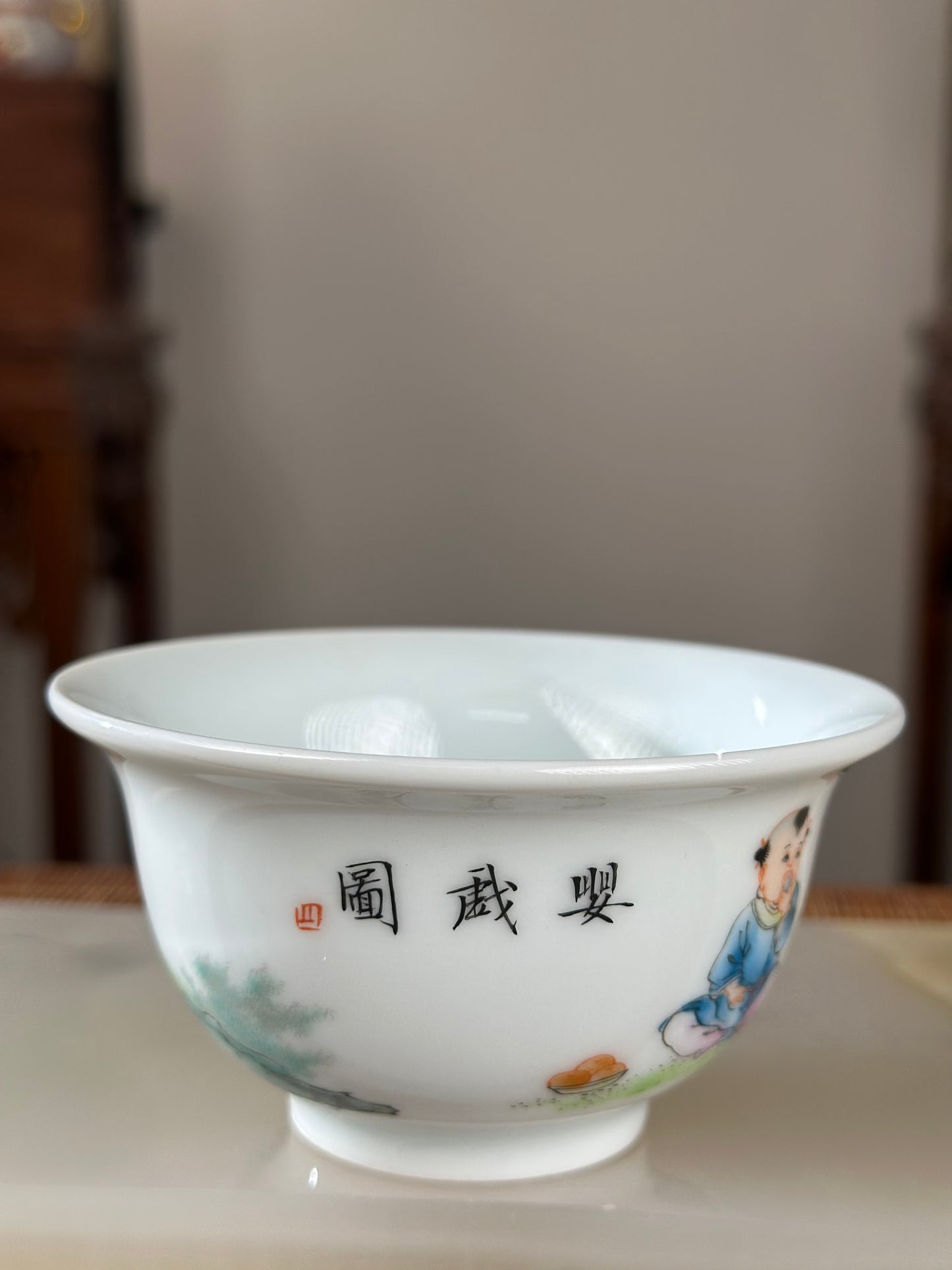 Handpainted Chinese Famille Rose Fencai Children's Joy Pattern Jingdezhen Master Teacup