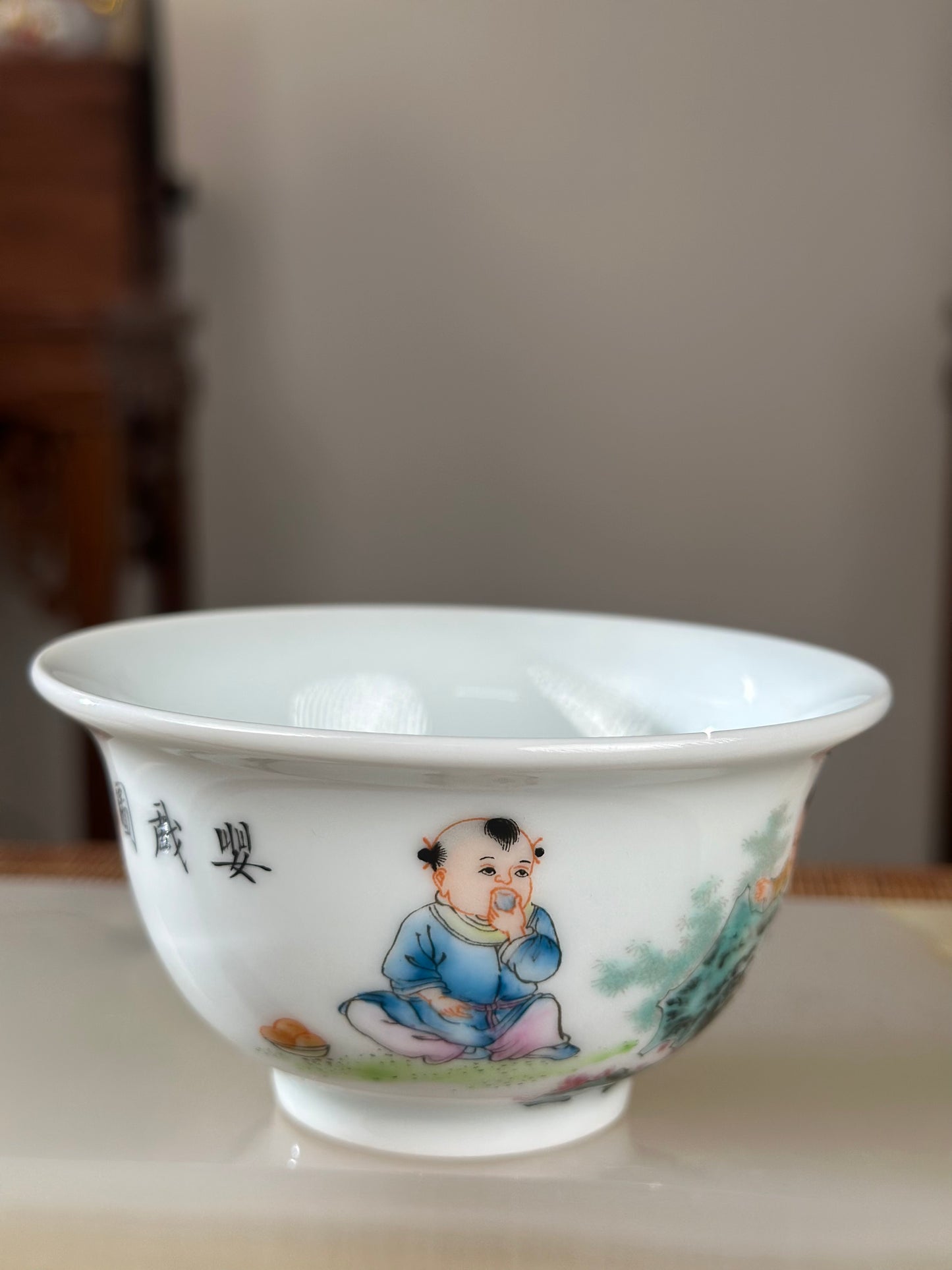 Handpainted Chinese Famille Rose Fencai Children's Joy Pattern Jingdezhen Master Teacup