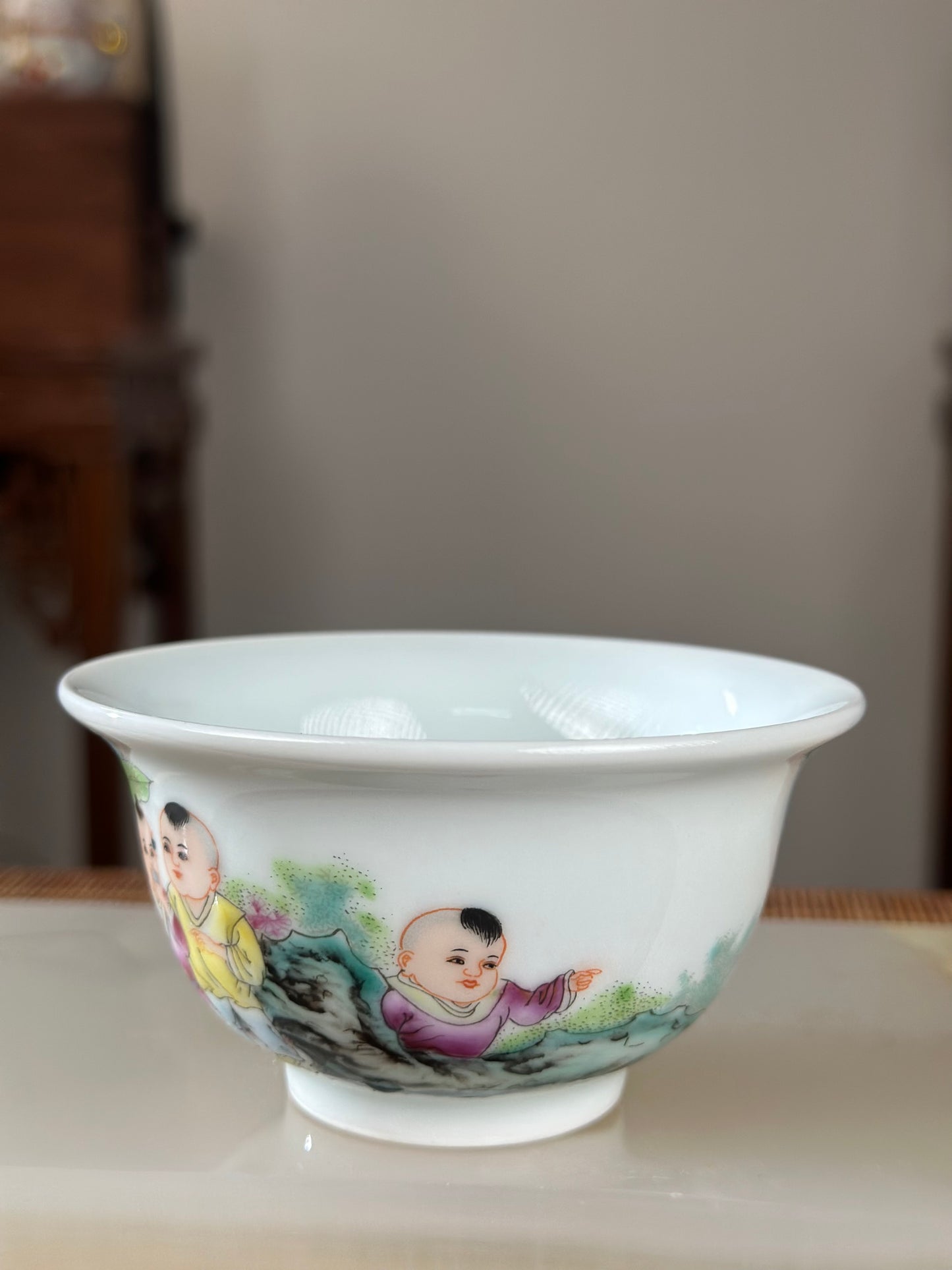 Handpainted Chinese Famille Rose Fencai Children's Joy Pattern Jingdezhen Master Teacup