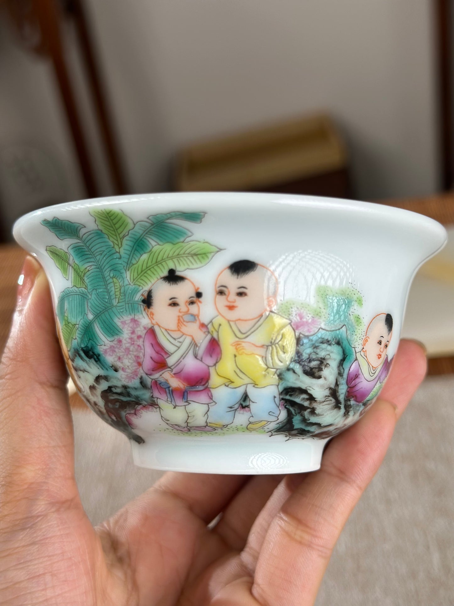 Handpainted Chinese Famille Rose Fencai Children's Joy Pattern Jingdezhen Master Teacup