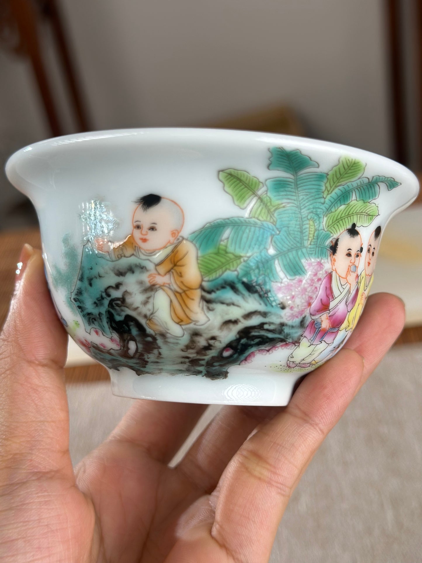 Handpainted Chinese Famille Rose Fencai Children's Joy Pattern Jingdezhen Master Teacup
