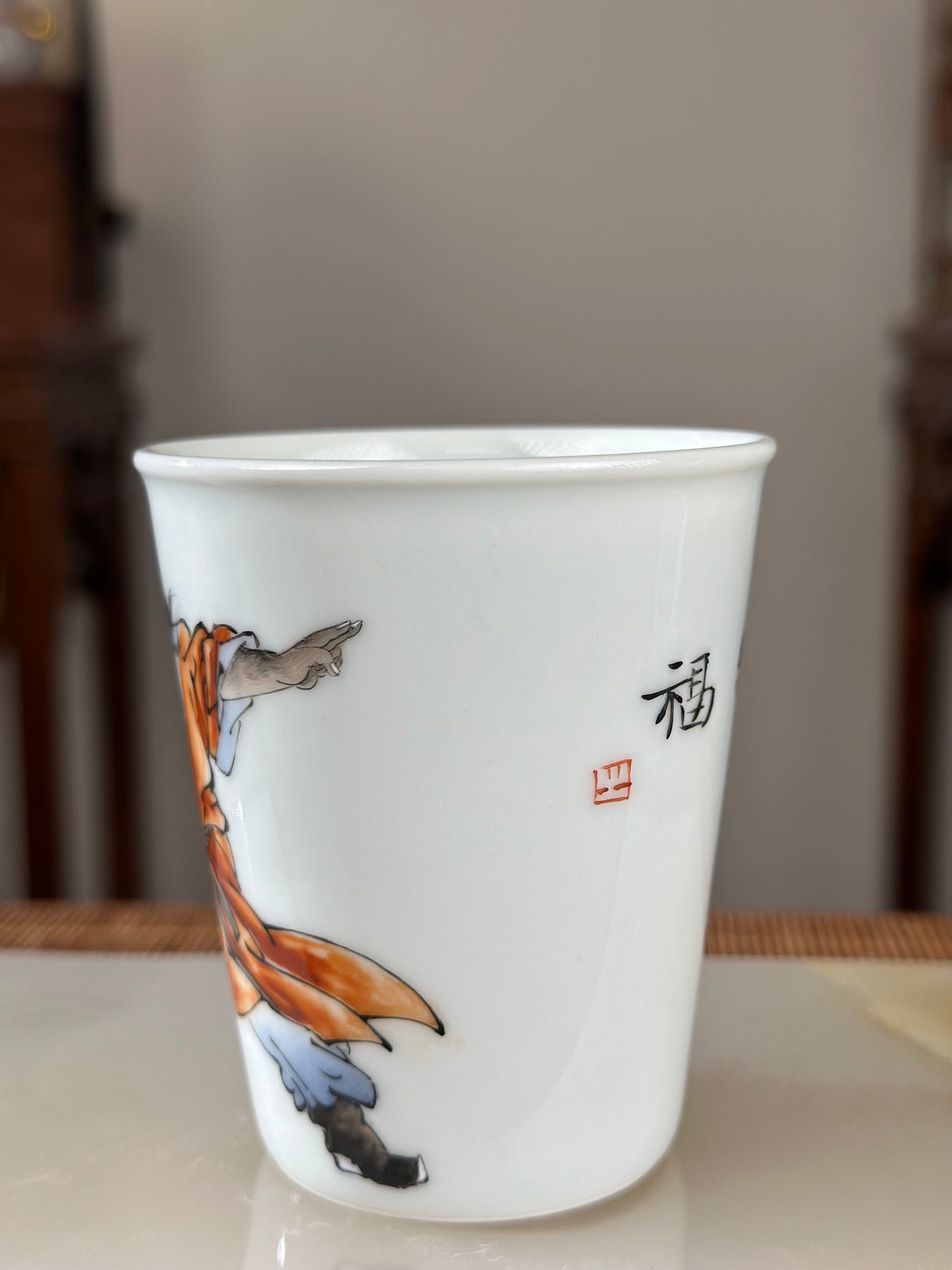 Handpainted Chinese Famille Rose Fencai Traditional Zhongkui Portrait  Jingdezhen Master Teacup