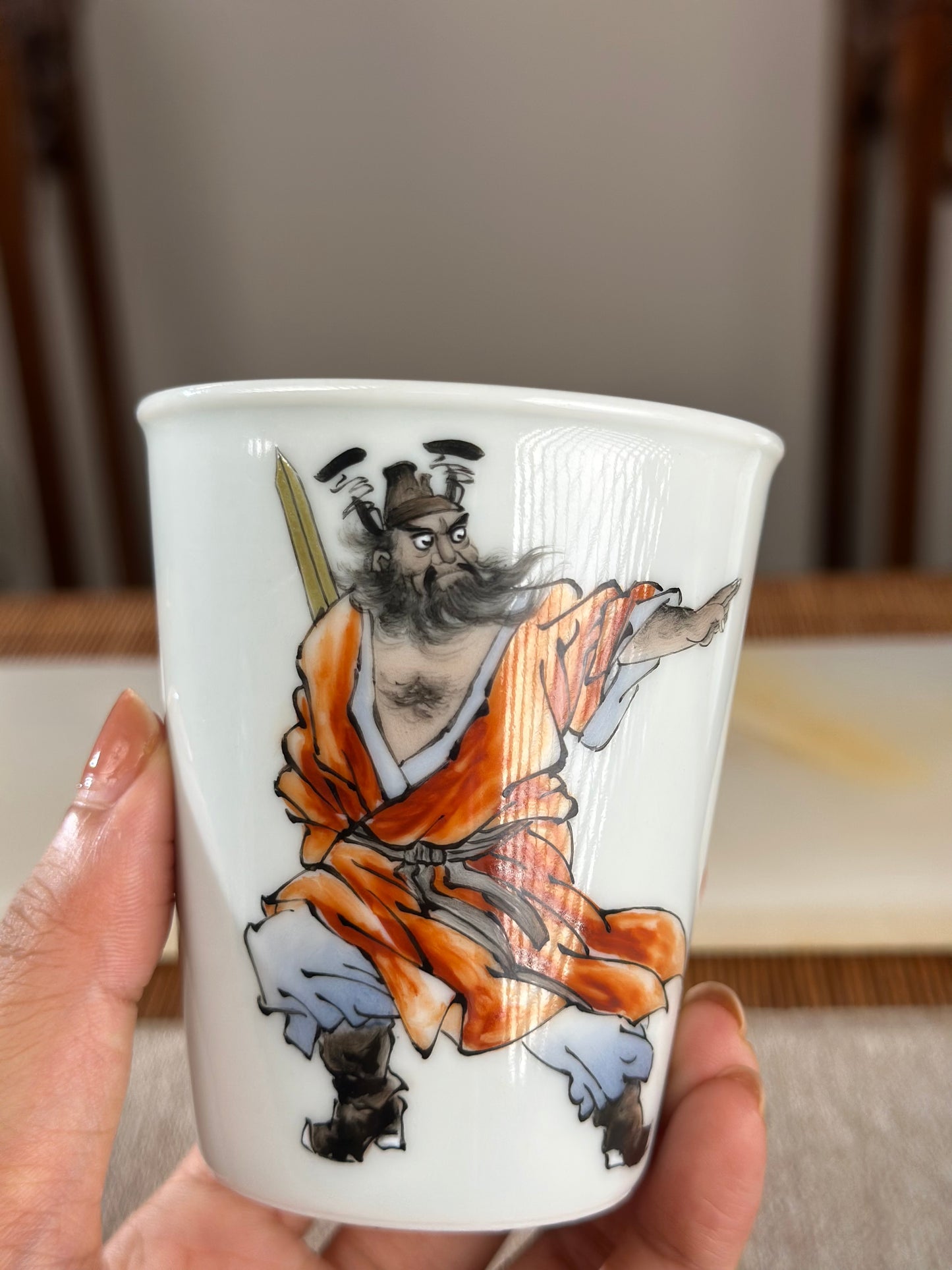 Handpainted Chinese Famille Rose Fencai Traditional Zhongkui Portrait  Jingdezhen Master Teacup