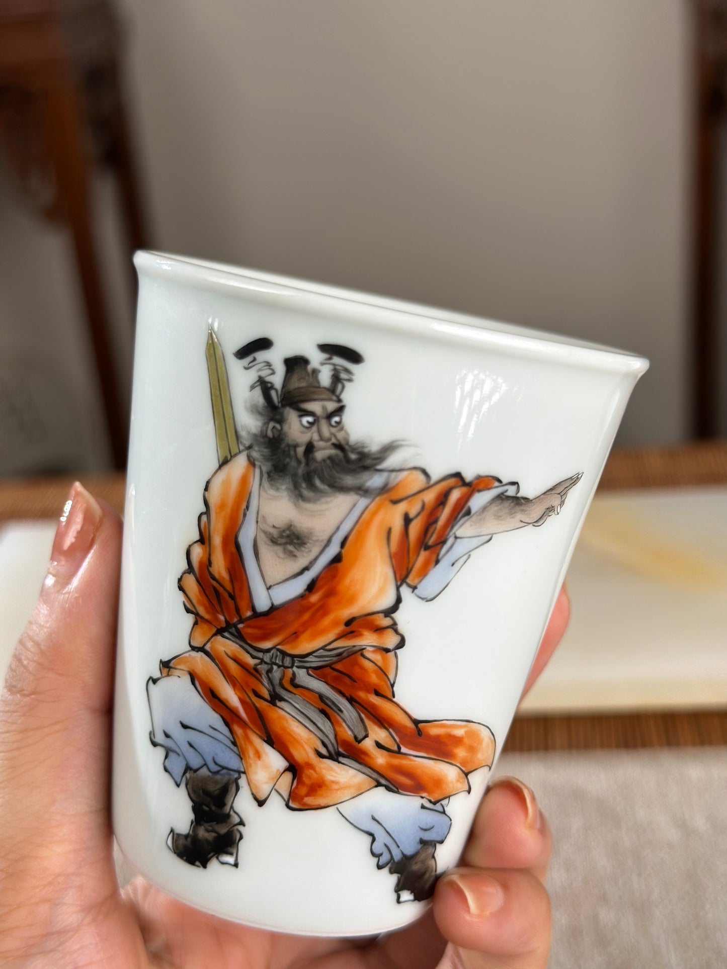 Handpainted Chinese Famille Rose Fencai Traditional Zhongkui Portrait  Jingdezhen Master Teacup