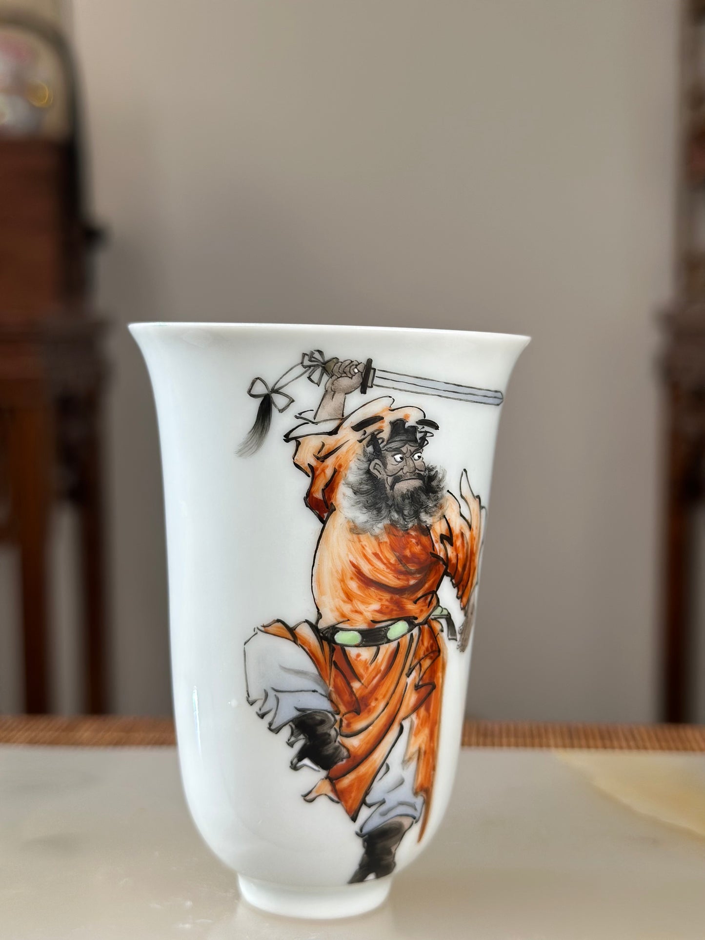 Handpainted Chinese Famille Rose Fencai Traditional Zhongkui Portrait  Jingdezhen Master Teacup