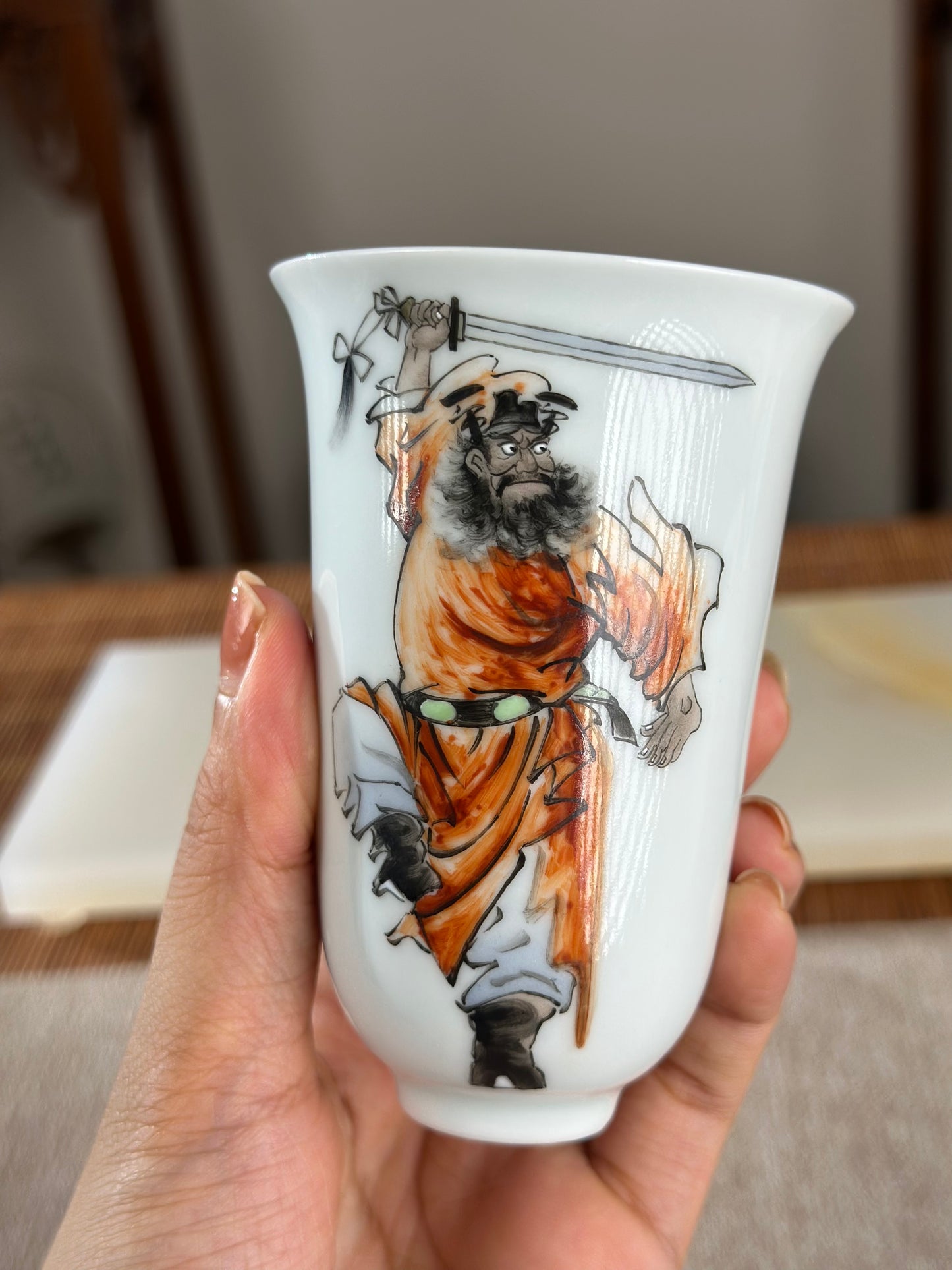 Handpainted Chinese Famille Rose Fencai Traditional Zhongkui Portrait  Jingdezhen Master Teacup