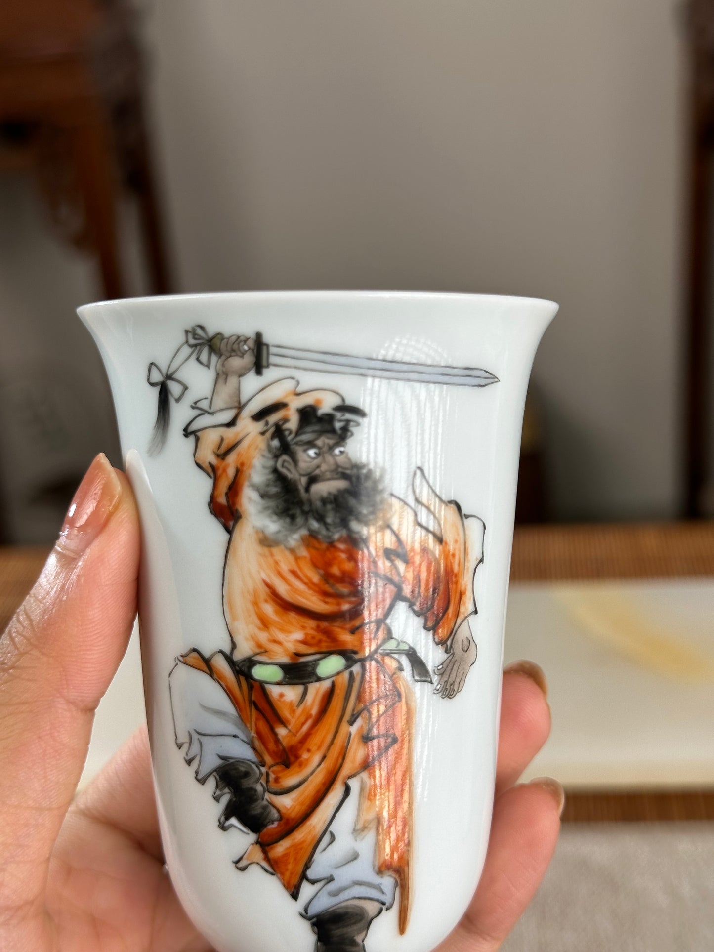 Handpainted Chinese Famille Rose Fencai Traditional Zhongkui Portrait  Jingdezhen Master Teacup