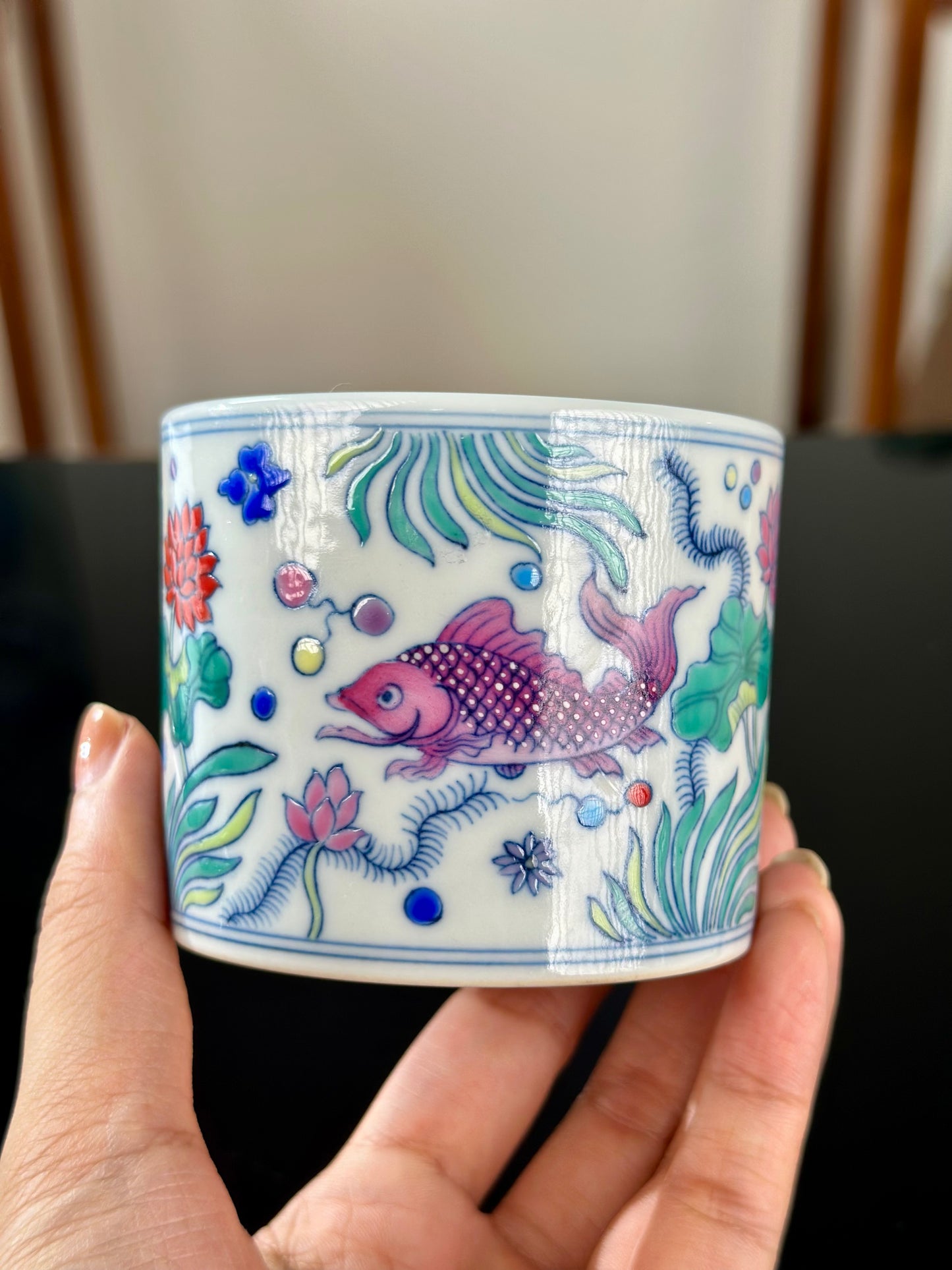 Handpainted Chinese Traditional Fish Pattern Chinese Jingdezhen Doucai Master Fine China Teacup