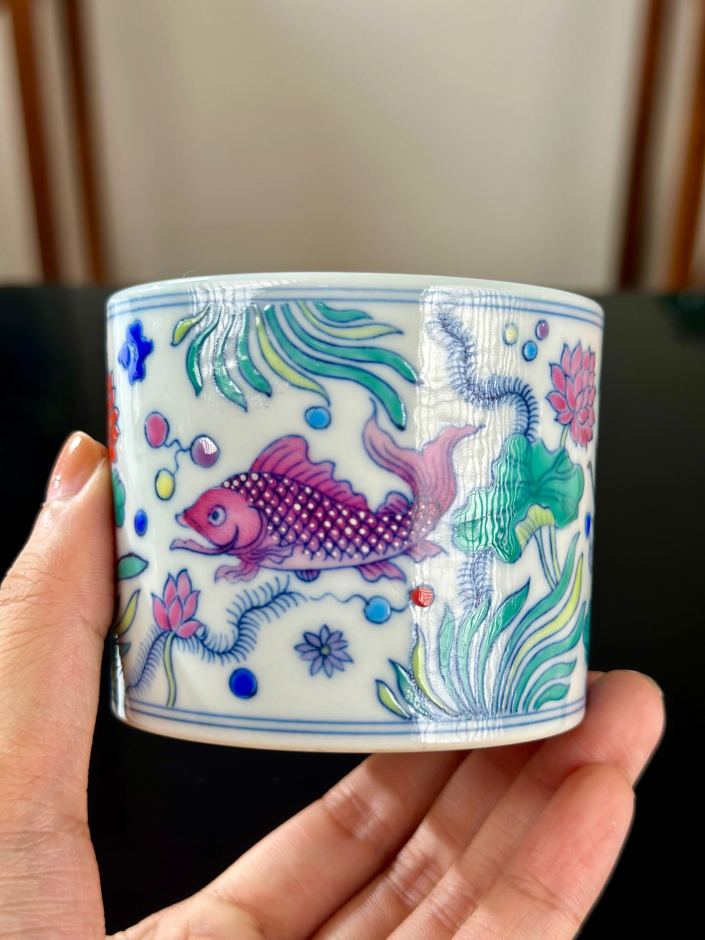 Handpainted Chinese Traditional Fish Pattern Chinese Jingdezhen Doucai Master Fine China Teacup