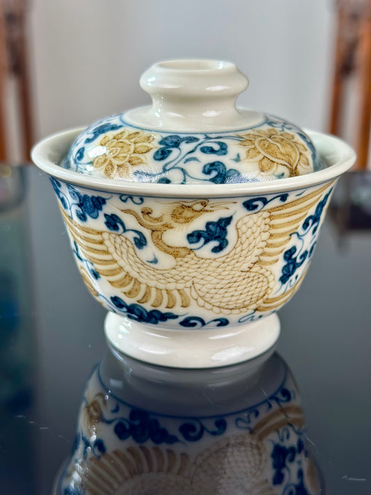 Handpainted Chinese Luxious Blue White Porcelain  Underglaze Gold Youlijin Traditional Phoenix  Pattern Masterpiece Gaiwan Teacup Set Artwork