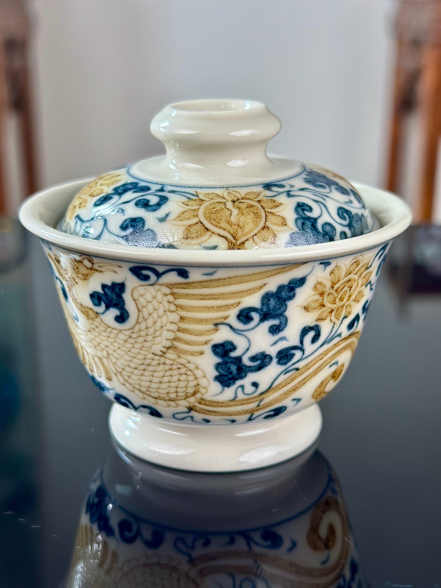 Handpainted Chinese Luxious Blue White Porcelain  Underglaze Gold Youlijin Traditional Phoenix  Pattern Masterpiece Gaiwan Teacup Set Artwork
