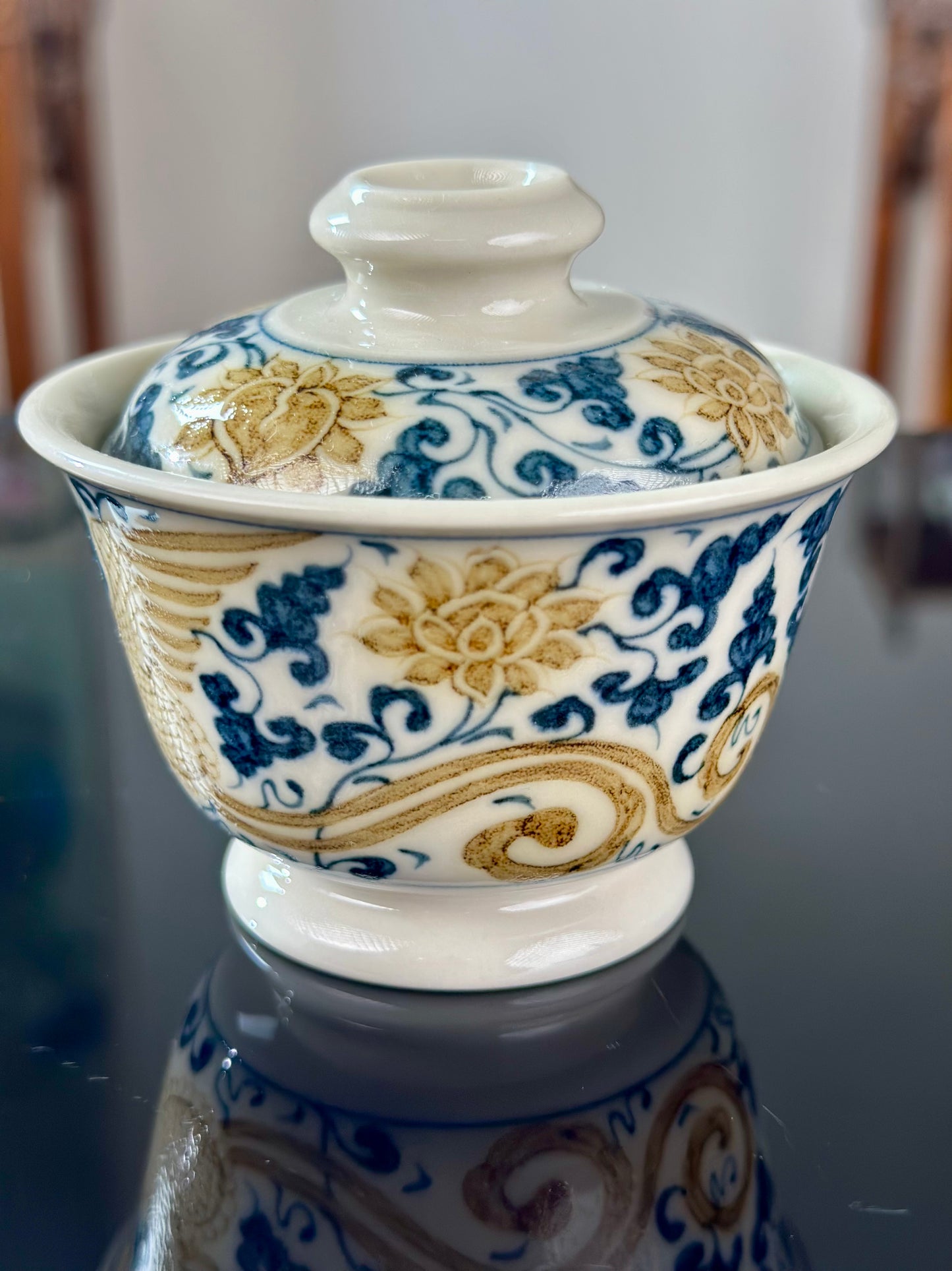 Handpainted Chinese Luxious Blue White Porcelain  Underglaze Gold Youlijin Traditional Phoenix  Pattern Masterpiece Gaiwan Teacup Set Artwork