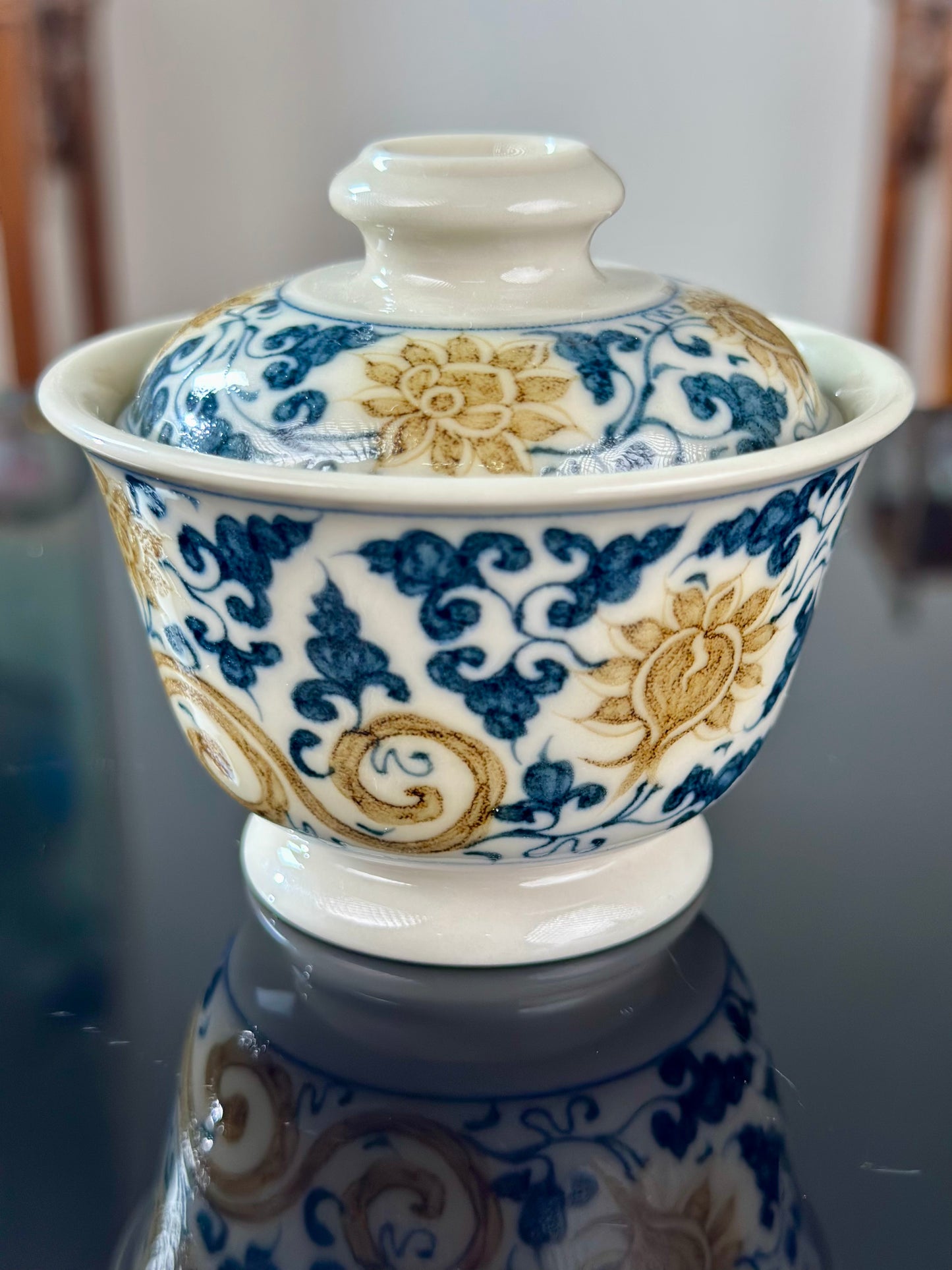 Handpainted Chinese Luxious Blue White Porcelain  Underglaze Gold Youlijin Traditional Phoenix  Pattern Masterpiece Gaiwan Teacup Set Artwork