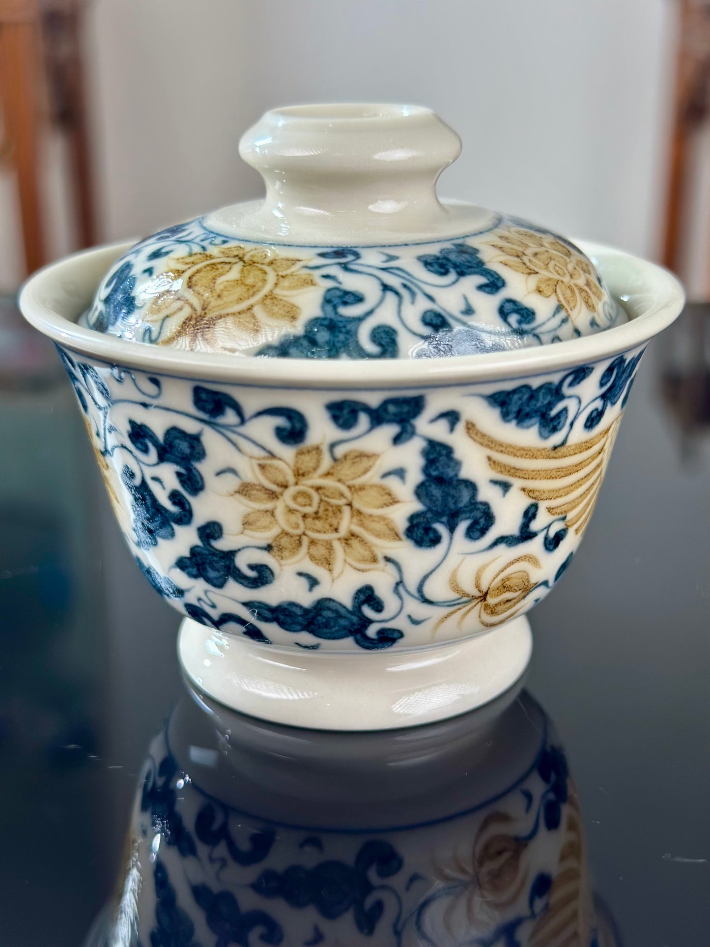 Handpainted Chinese Luxious Blue White Porcelain  Underglaze Gold Youlijin Traditional Phoenix  Pattern Masterpiece Gaiwan Teacup Set Artwork