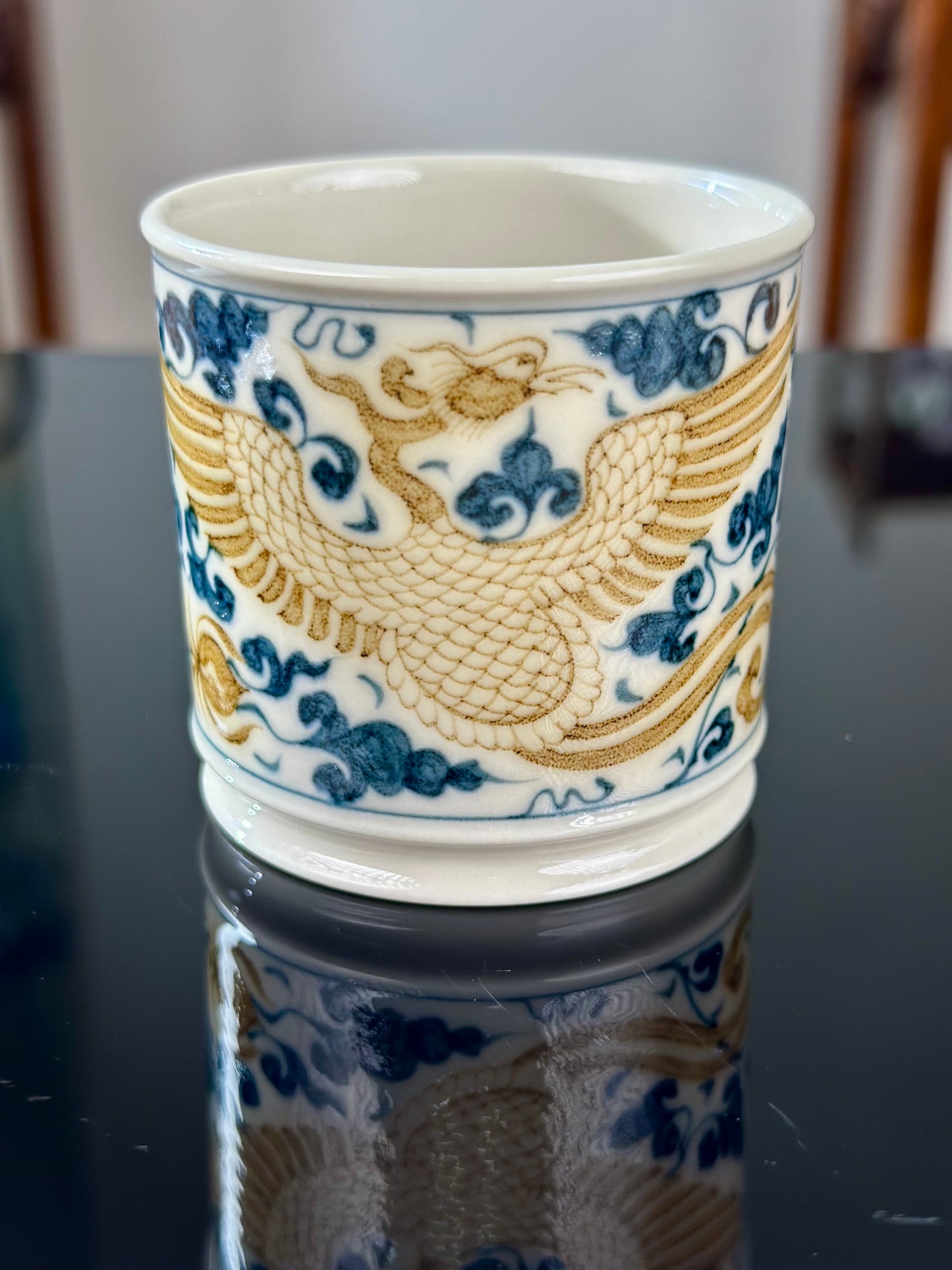Handpainted Chinese Luxious Blue White Porcelain  Underglaze Gold Youlijin Traditional Phoenix  Pattern Masterpiece Gaiwan Teacup Set Artwork