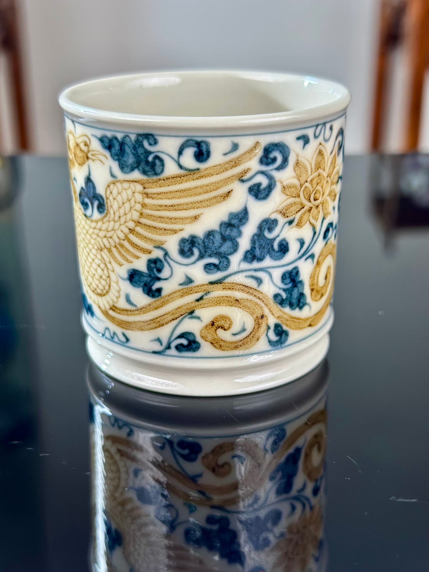 Handpainted Chinese Luxious Blue White Porcelain  Underglaze Gold Youlijin Traditional Phoenix  Pattern Masterpiece Gaiwan Teacup Set Artwork