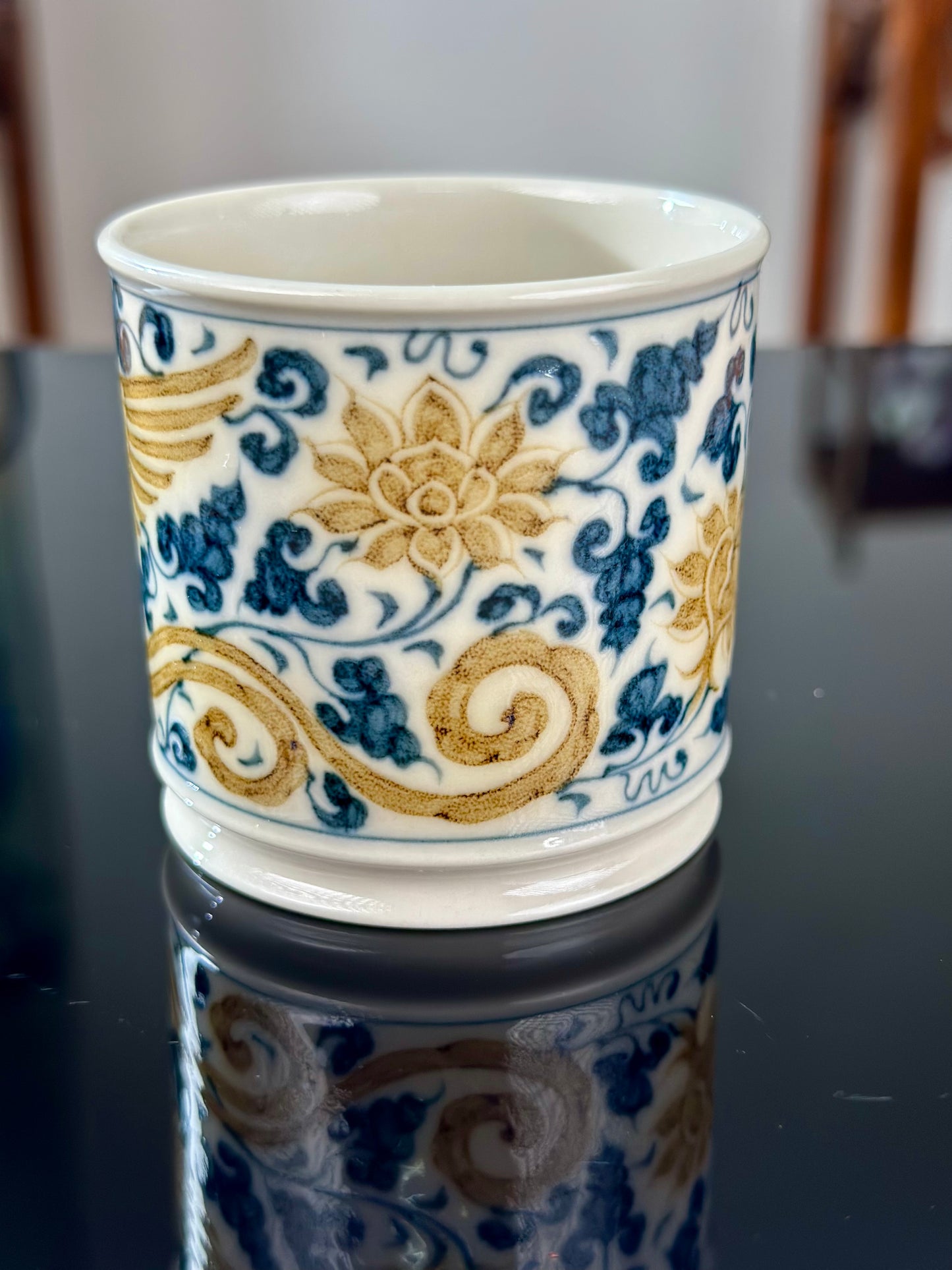 Handpainted Chinese Luxious Blue White Porcelain  Underglaze Gold Youlijin Traditional Phoenix  Pattern Masterpiece Gaiwan Teacup Set Artwork