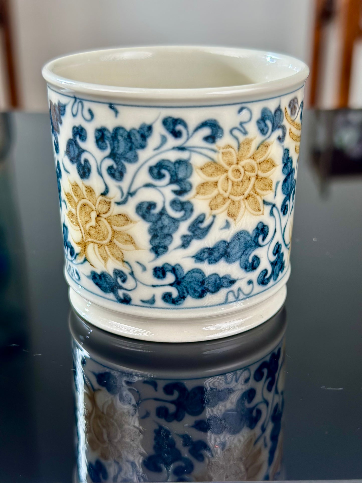 Handpainted Chinese Luxious Blue White Porcelain  Underglaze Gold Youlijin Traditional Phoenix  Pattern Masterpiece Gaiwan Teacup Set Artwork
