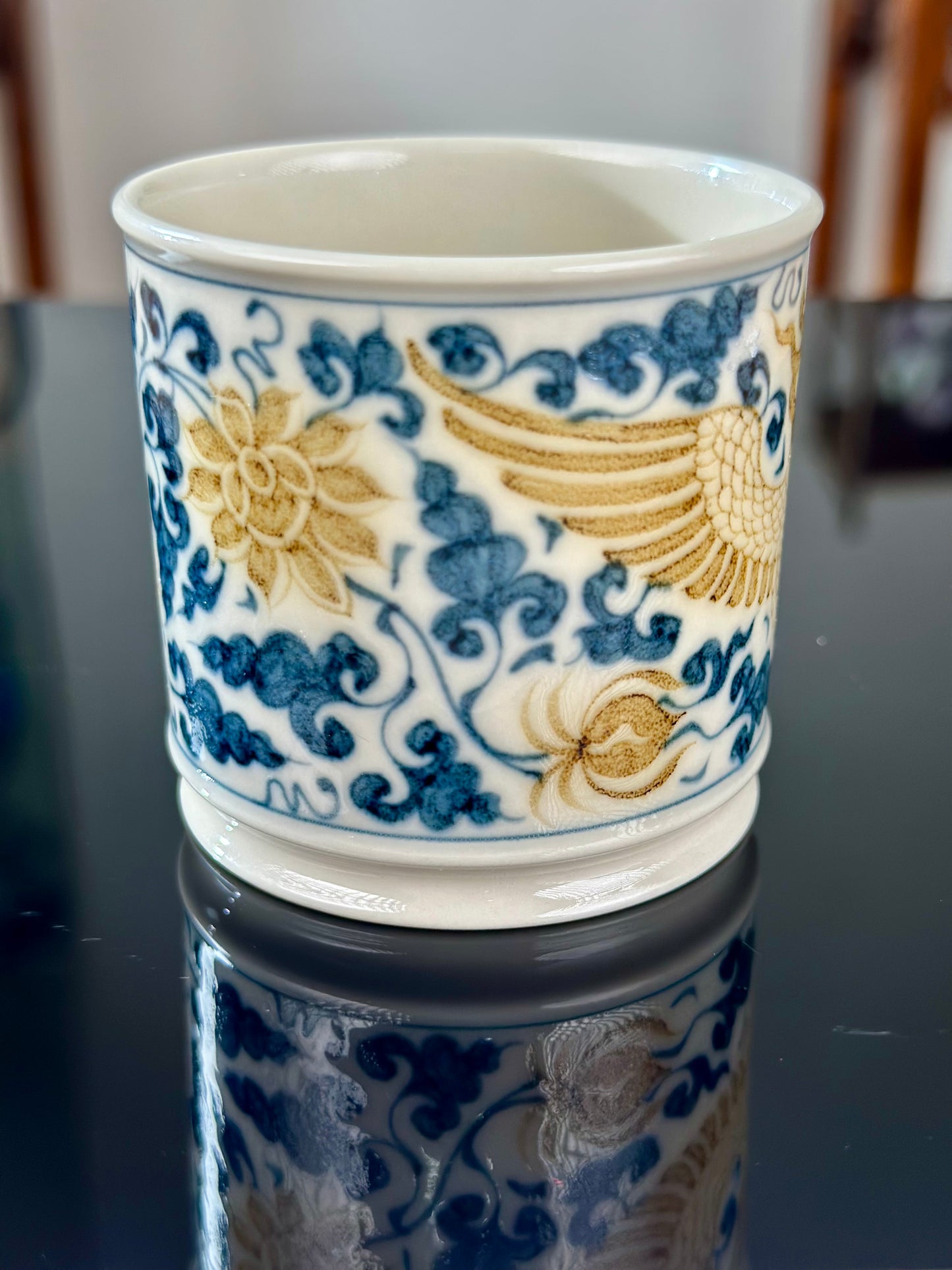 Handpainted Chinese Luxious Blue White Porcelain  Underglaze Gold Youlijin Traditional Phoenix  Pattern Masterpiece Gaiwan Teacup Set Artwork